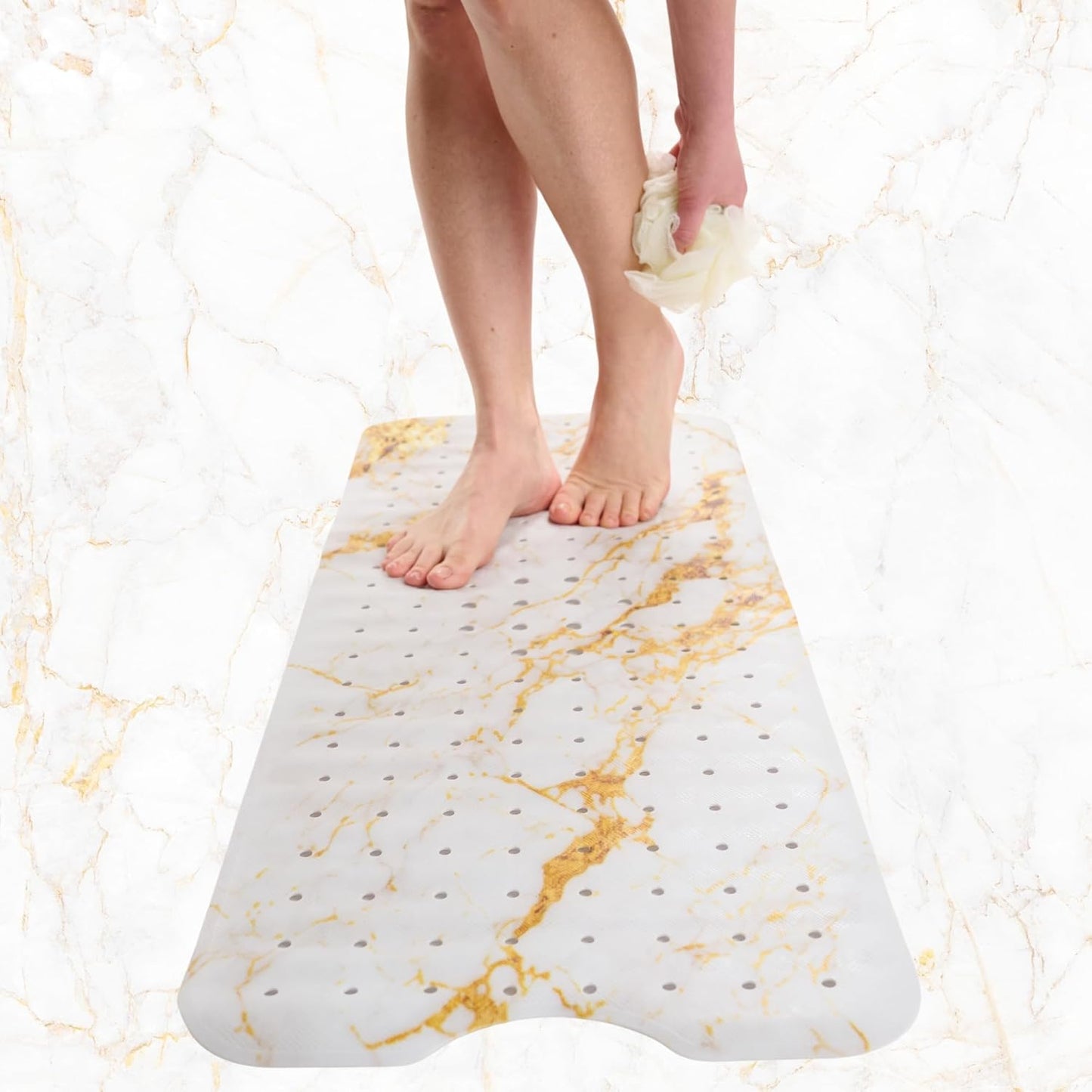ENKOSI Bath Mat – Large 40 x 16 Inch Non-Slip Bathtub Mat with Secure Suction Cups & Drain Holes – Extra Long Bathroom Shower Mat for Tub with Marble Gold Design (40x16 Marble Gold)