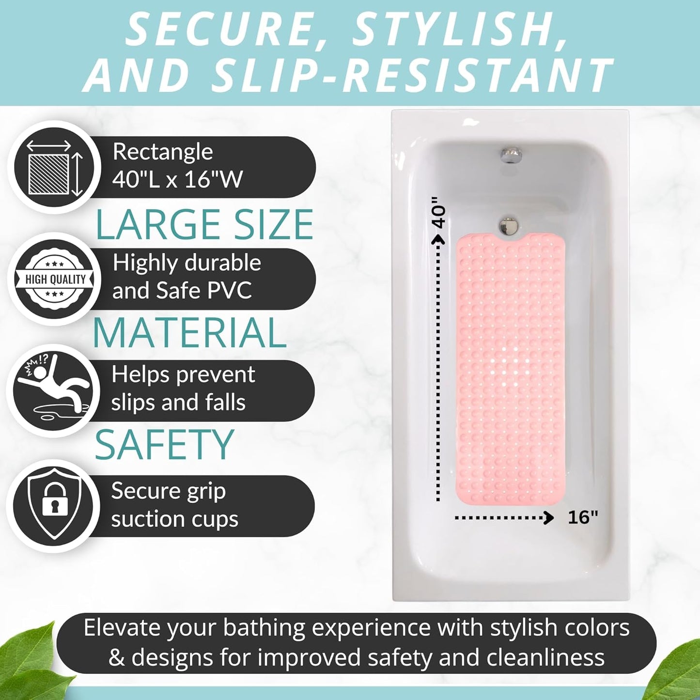 ENKOSI Bath Mat - Large Non Slip Bathtub & Shower Mat - Extra Long 40 x 16 Inch Bathroom Mats for Tub Nonslip Anti Slip Bathmats (40x16 Baby Pink 1-Pack)