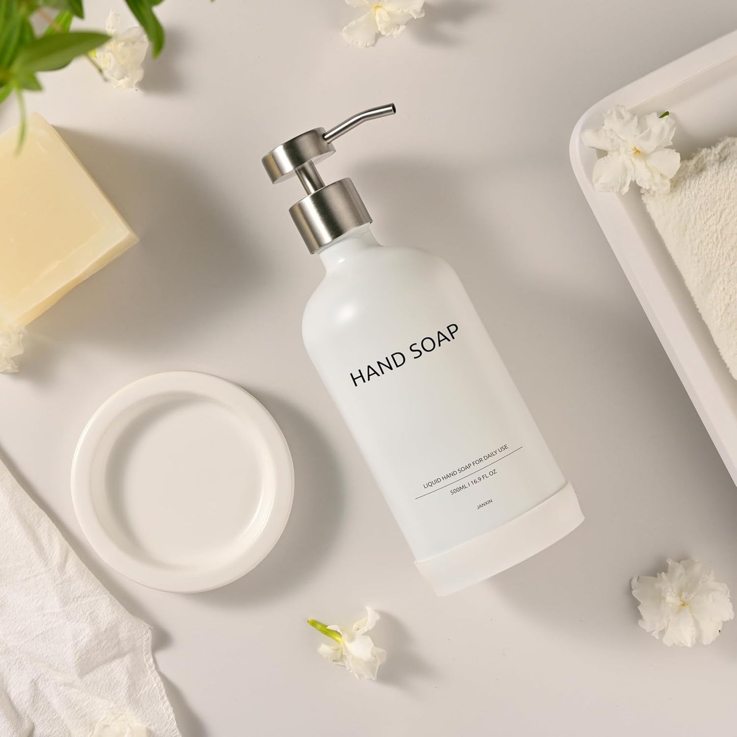 Glass Soap Dispenser Set by Janxin,Bathroom Soap Dispenser Set with Ceramic Tray,Luxury Bathroom Accessories,Modern Kitchen Decor (White+Silver(Hand Soap))