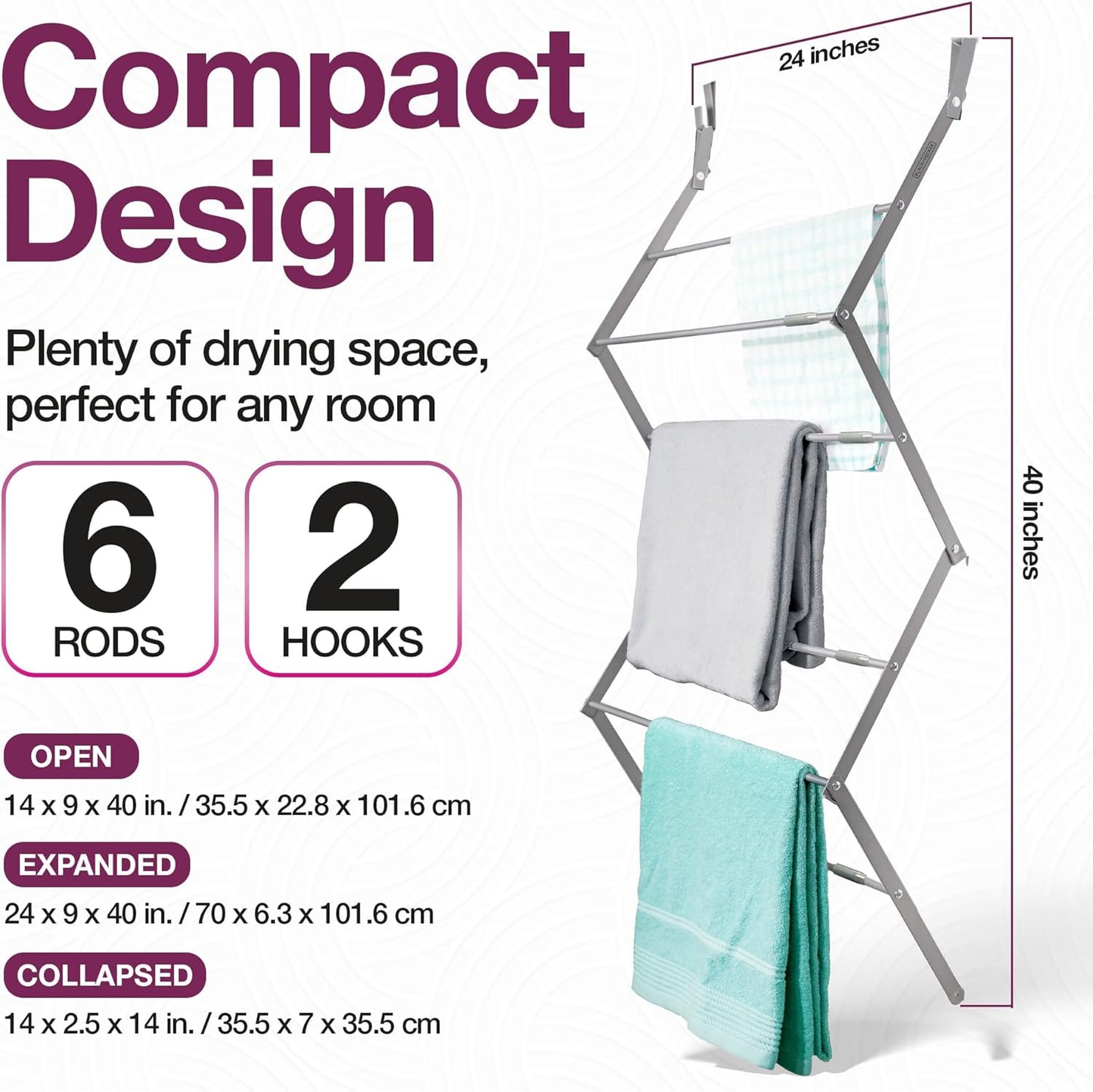 BLACK+DECKER Over The Door Expandable Telescopic Drying Rack, Clothes Organizer, Towel Hanger, Laundry, Collapsible, Gray