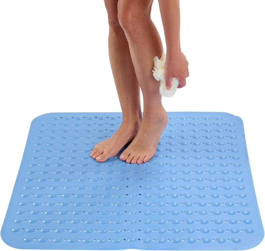 ENKOSI Extra Large Square Non Slip Shower Mat - 31 x 31-inch XL Bathroom Shower Mat - Square Shower Matts for Shower Stall Floors | Secure Suction Cups and Drain Holes (31x31 Aqua Blue)