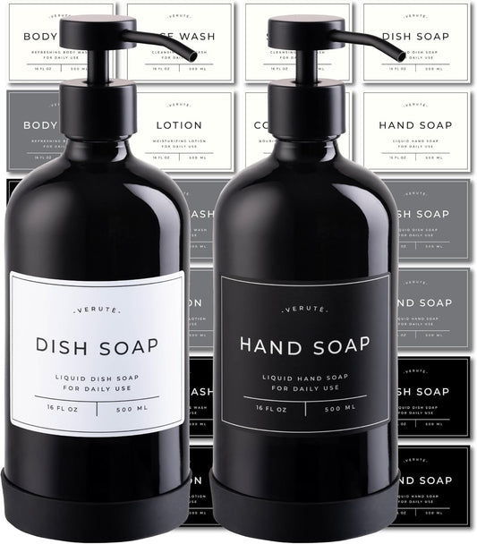 16oz Glass Soap Dispenser with Stainless Steel Pump, 21 Waterproof Labels, Non-Slip Protective Silicone Pad, Set of 2 for Bathroom & Kitchen (Gloss Black Bottle/Black Pump)