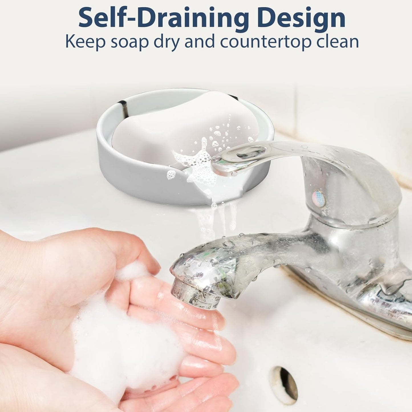 Self Draining Soap Dish, Silicone Suction Cup Soap Holder Tray Savers Container Sponge Holder for Bar Bathroom Shower Kitchen Sink, Can Extend Soap Life (1, White)