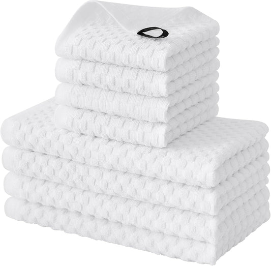 Fintale 100% Cotton Kitchen Towels and Dishcloths Set, 12 x 12 & 15 x 25 Inches, Set of 8 Bulk Super Soft and Absorbent Terry Cloth Dish Towels, Quick Drying Hand Towels with Hanging Loop, White