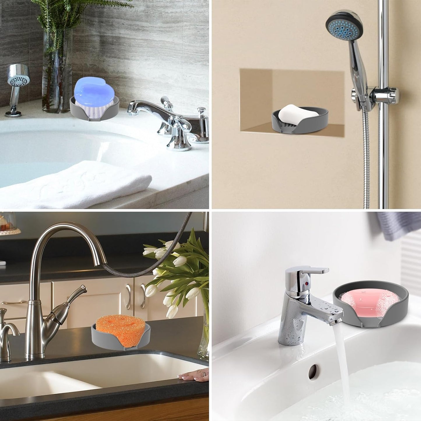 Self Draining Soap Dish, Silicone Suction Cup Soap Holder Tray Savers Container Sponge Holder for Bar Bathroom Shower Kitchen Sink, Can Extend Soap Life (2, Gray)