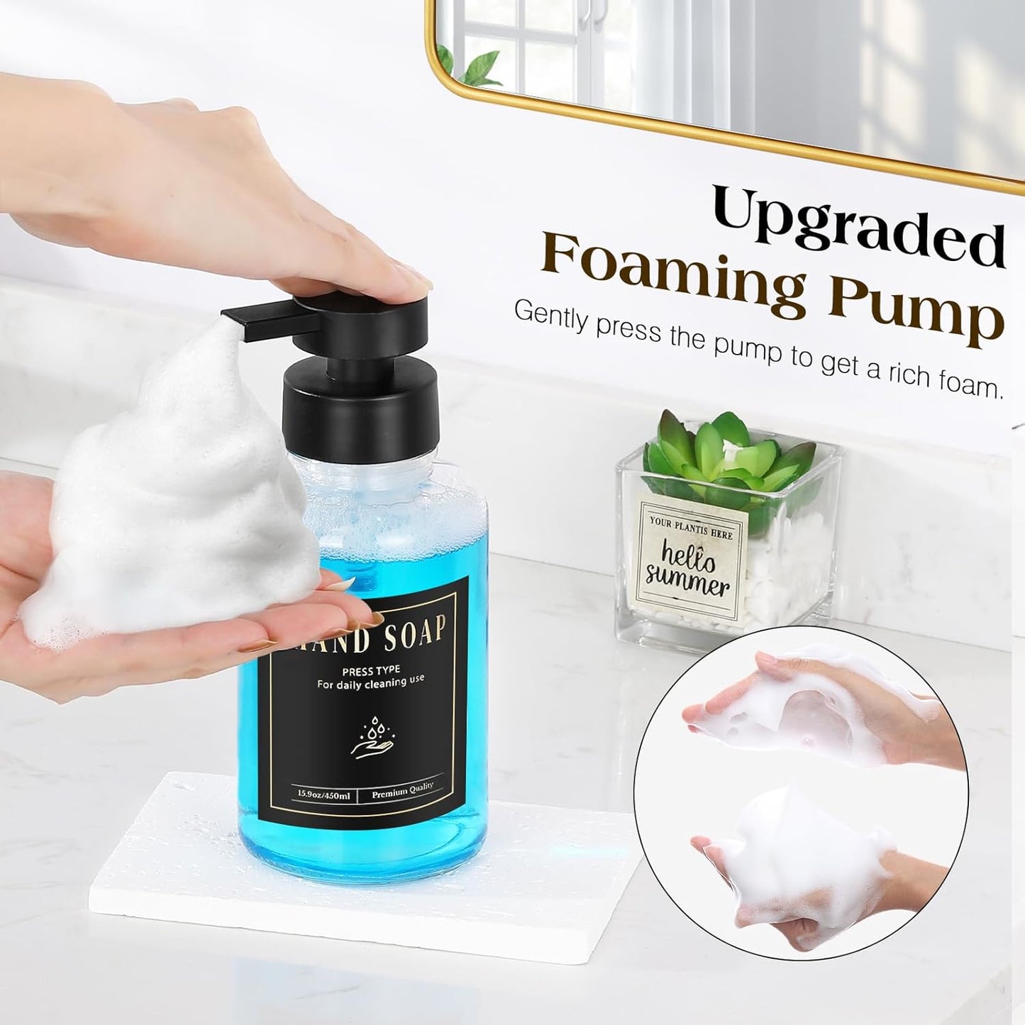 Luxspire Foaming Soap Dispenser, Glass Foam Pump Soap Dispenser, Non-Slip Hand Soap Dispenser with 5 Waterproof Labels, 15 Oz Refillable Liquid Soap Dispenser for Bathroom & Kitchen, Clear, 1 Pack