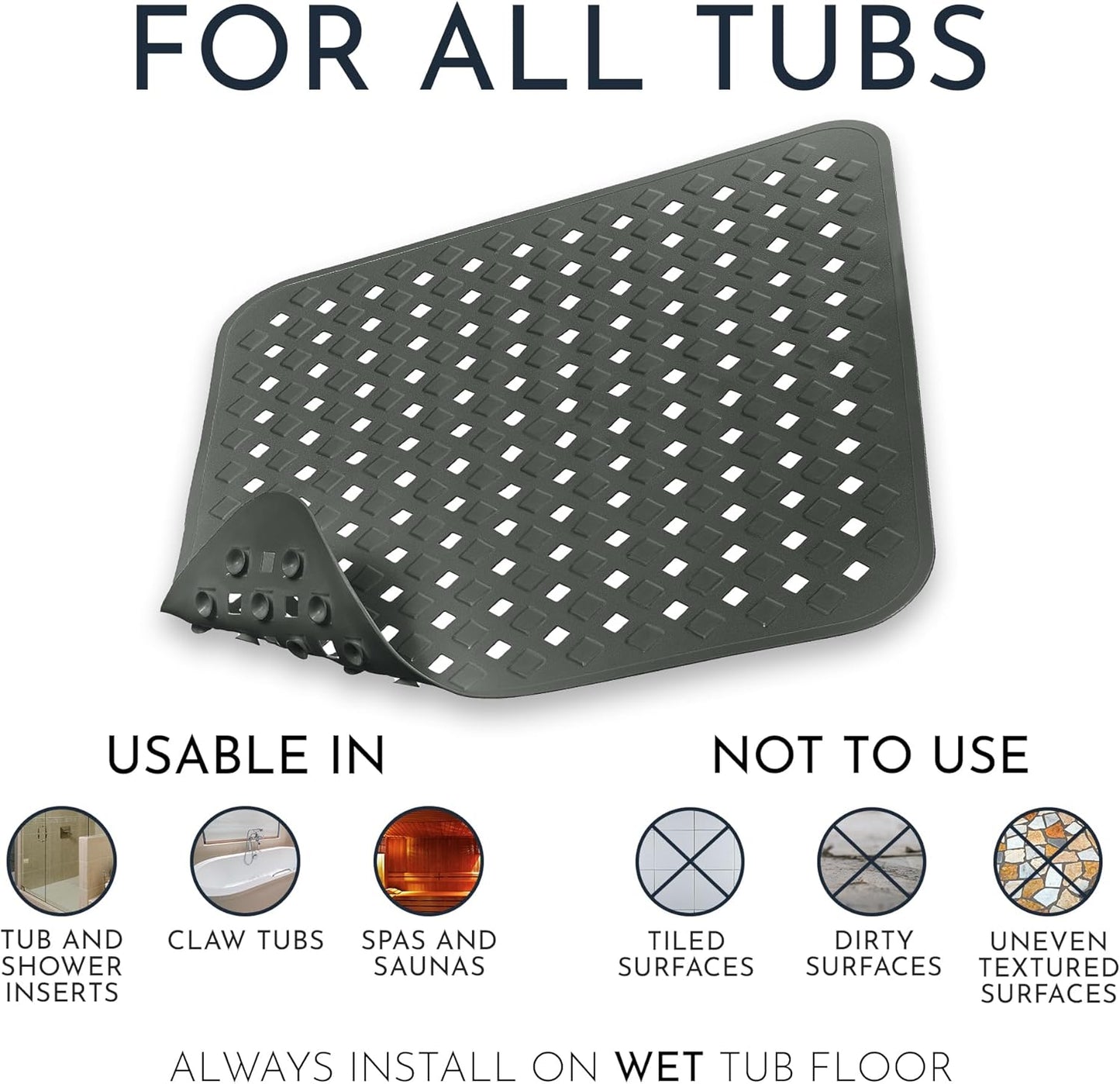 Homerella Anti Slip Shower Mat | Anti Mold Non Slip Bathtub Mat for Inside Shower | Square Floor Shower Mat 21 x 21 inch with Suction Cups for Grip & Hooks Hanging and Quick Drying | Machine Washable