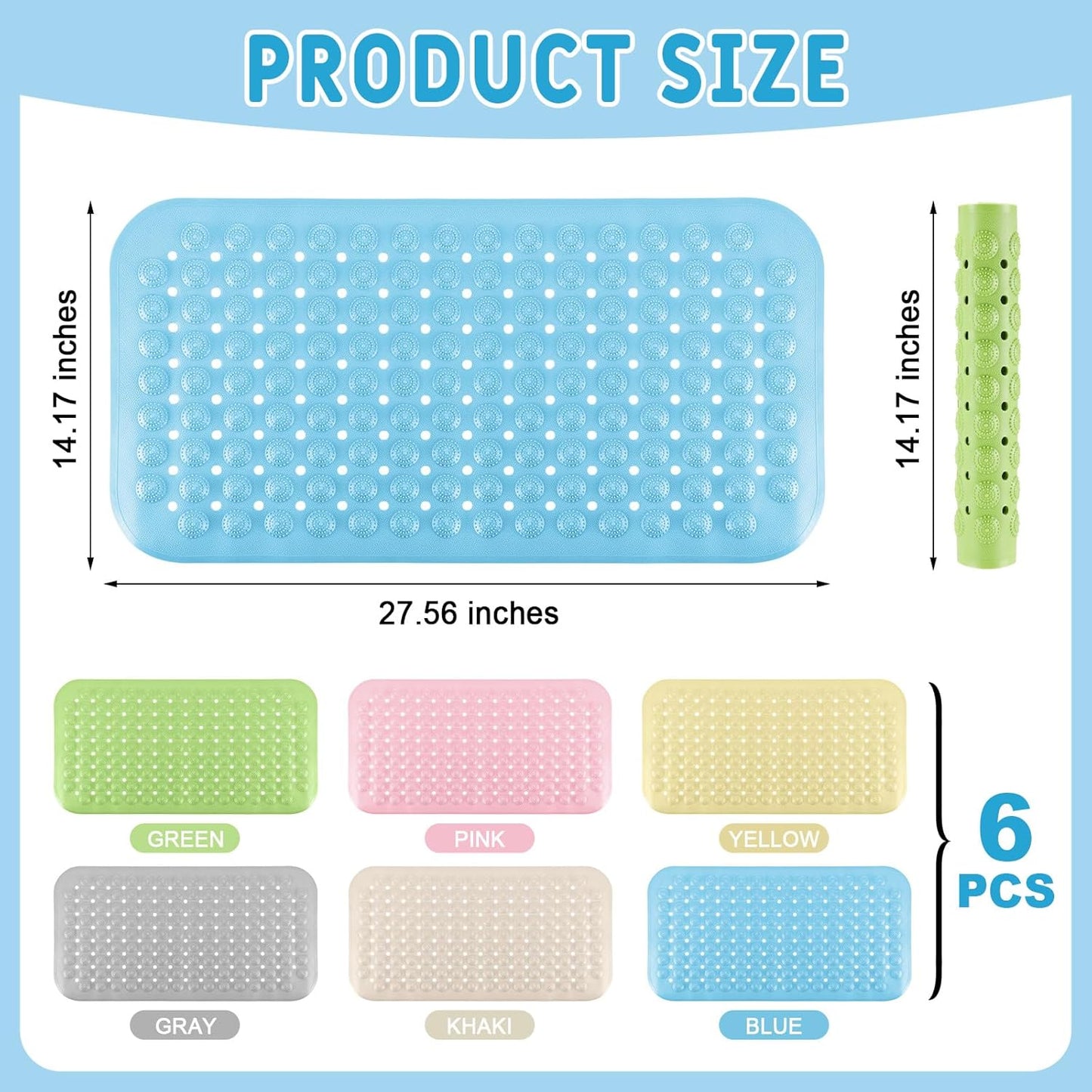 Dunzy 6 Pcs Non Slip Bath Mats 27.6x14.2 Inches TPE Bathtub Mats with Suction Cups Drain Holes Textured Surface Anti Slip Shower Pad for Bathroom Tub Adults Elderly Home Hotel