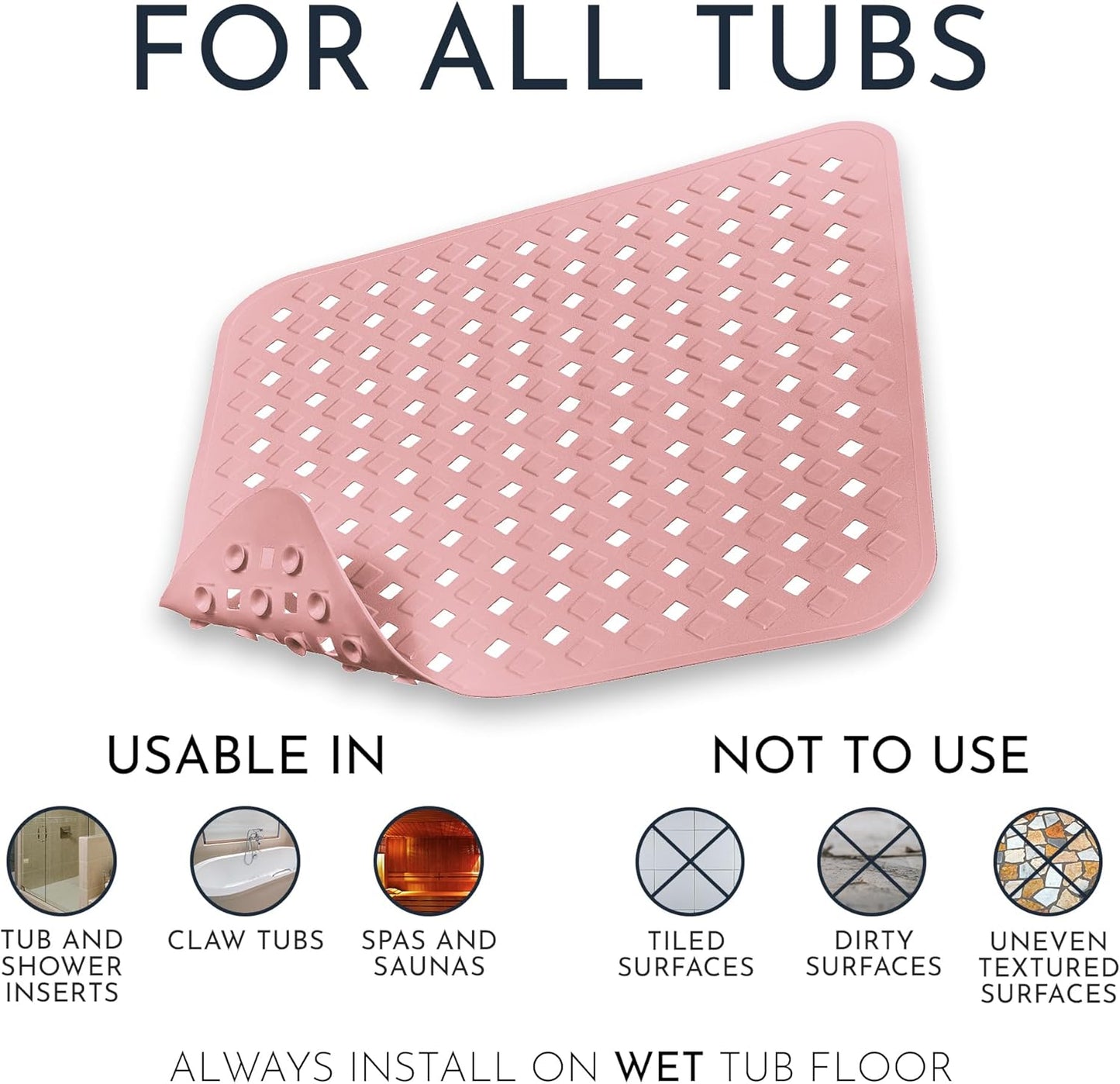 Homerella Anti Slip Shower Mat | Anti Mold Non Slip Bathtub Mat for Inside Shower | Square Floor Shower Mat 21 x 21 inch with Suction Cups for Grip & Hooks Hanging and Quick Drying | Machine Washable