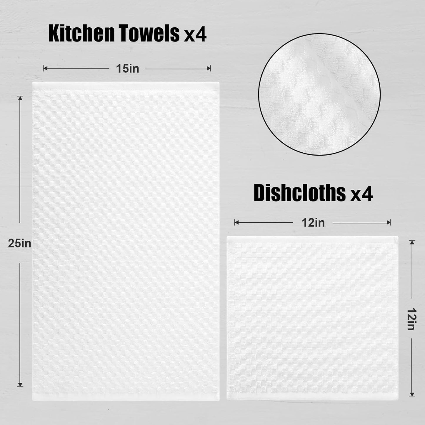 Fintale 100% Cotton Kitchen Towels and Dishcloths Set, 12 x 12 & 15 x 25 Inches, Set of 8 Bulk Super Soft and Absorbent Terry Cloth Dish Towels, Quick Drying Hand Towels with Hanging Loop, White