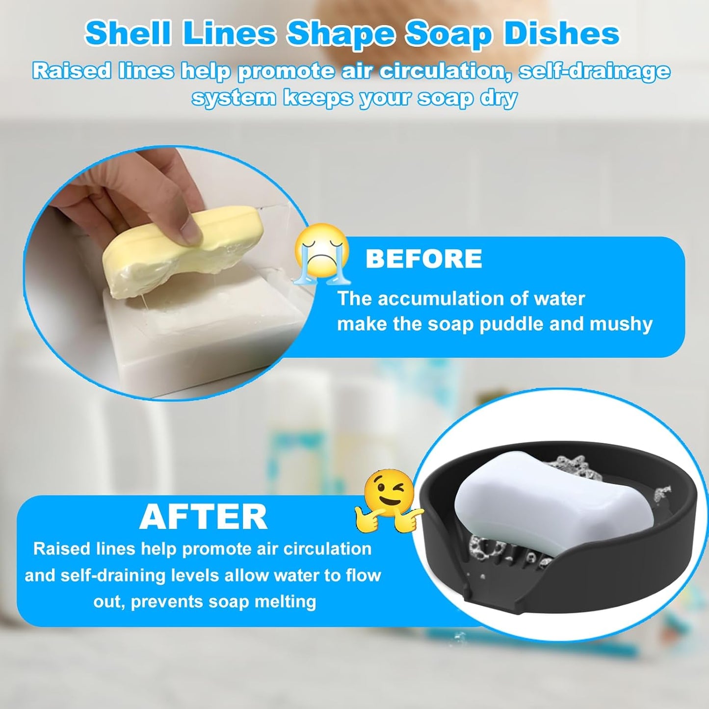 Self Draining Soap Dish, Silicone Suction Cup Soap Holder Tray Savers Container Sponge Holder for Bar Bathroom Shower Kitchen Sink, Can Extend Soap Life (2, Black)