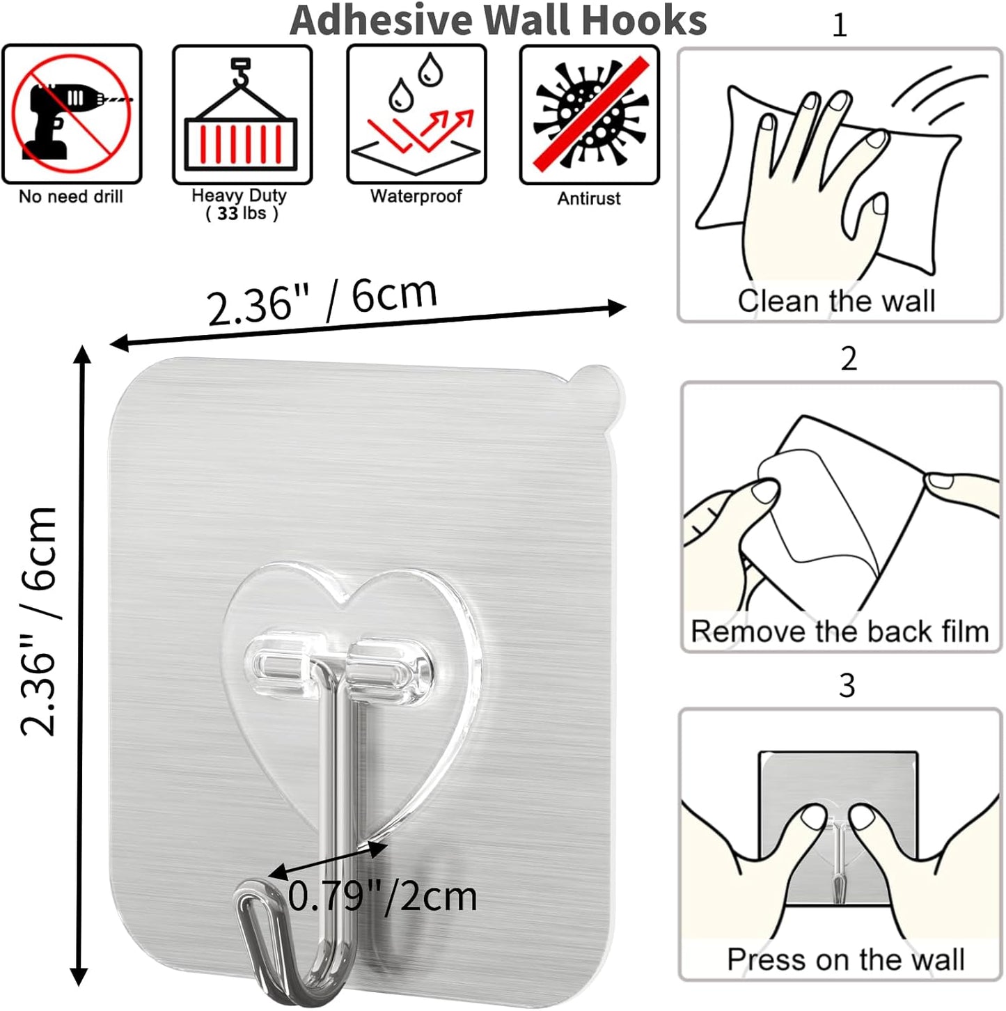 DGYB 20 Pcs Silver Adhesive Hooks for Hanging 22lb Self Adhesive Wall Hooks Heavy Duty Waterproof Sticky Hook for Shower Home Bathroom Kitchen Office