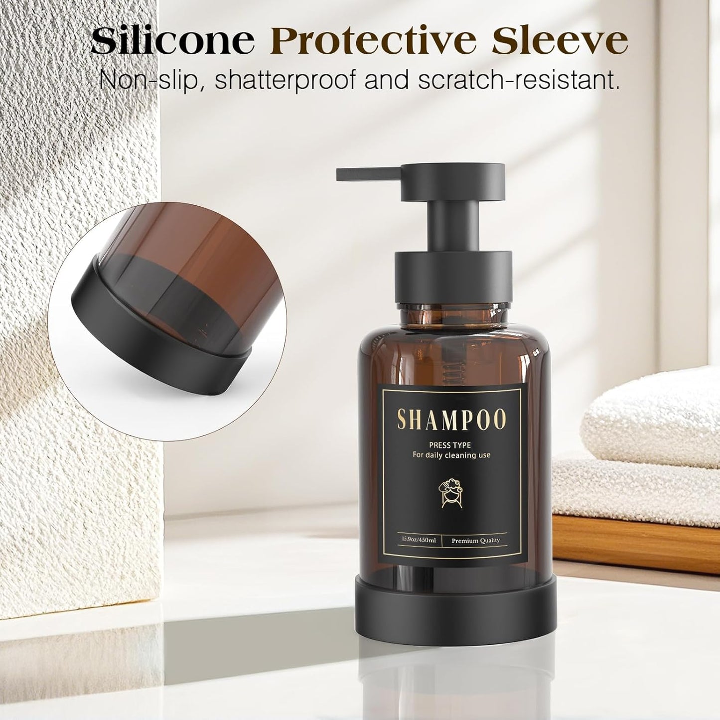 Luxspire Foaming Soap Dispenser, Glass Foam Pump Soap Dispenser, Non-Slip Hand Soap Bottle with 5 Waterproof Labels, 15 Oz Refillable Liquid Soap Bottle for Bathroom & Kitchen, Amber, 2 Pack