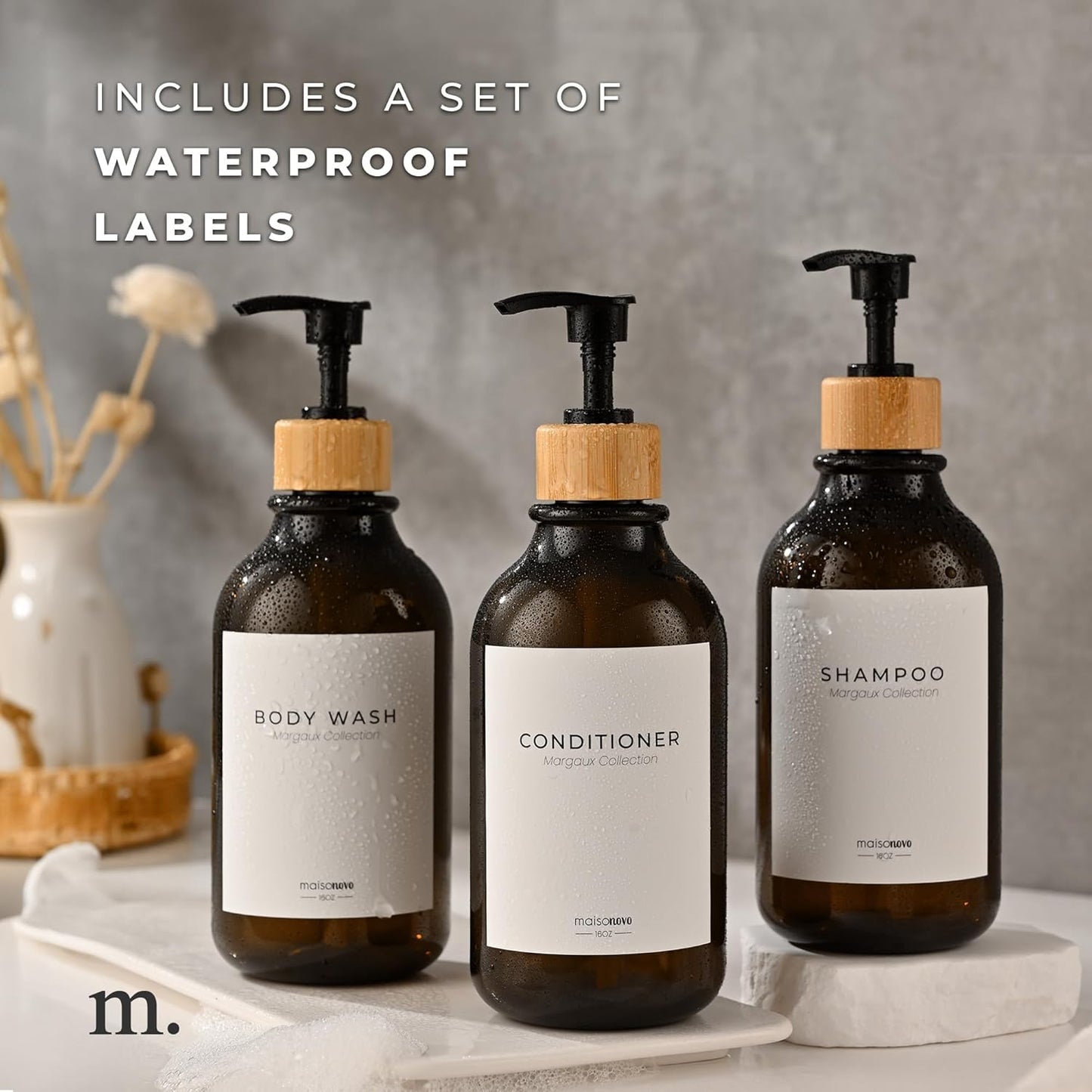 MaisoNovo Refillable Shampoo and Conditioner Bottles | 16.9 fl oz Set of 3 Amber Plastic Bottles Black Bamboo Pumps