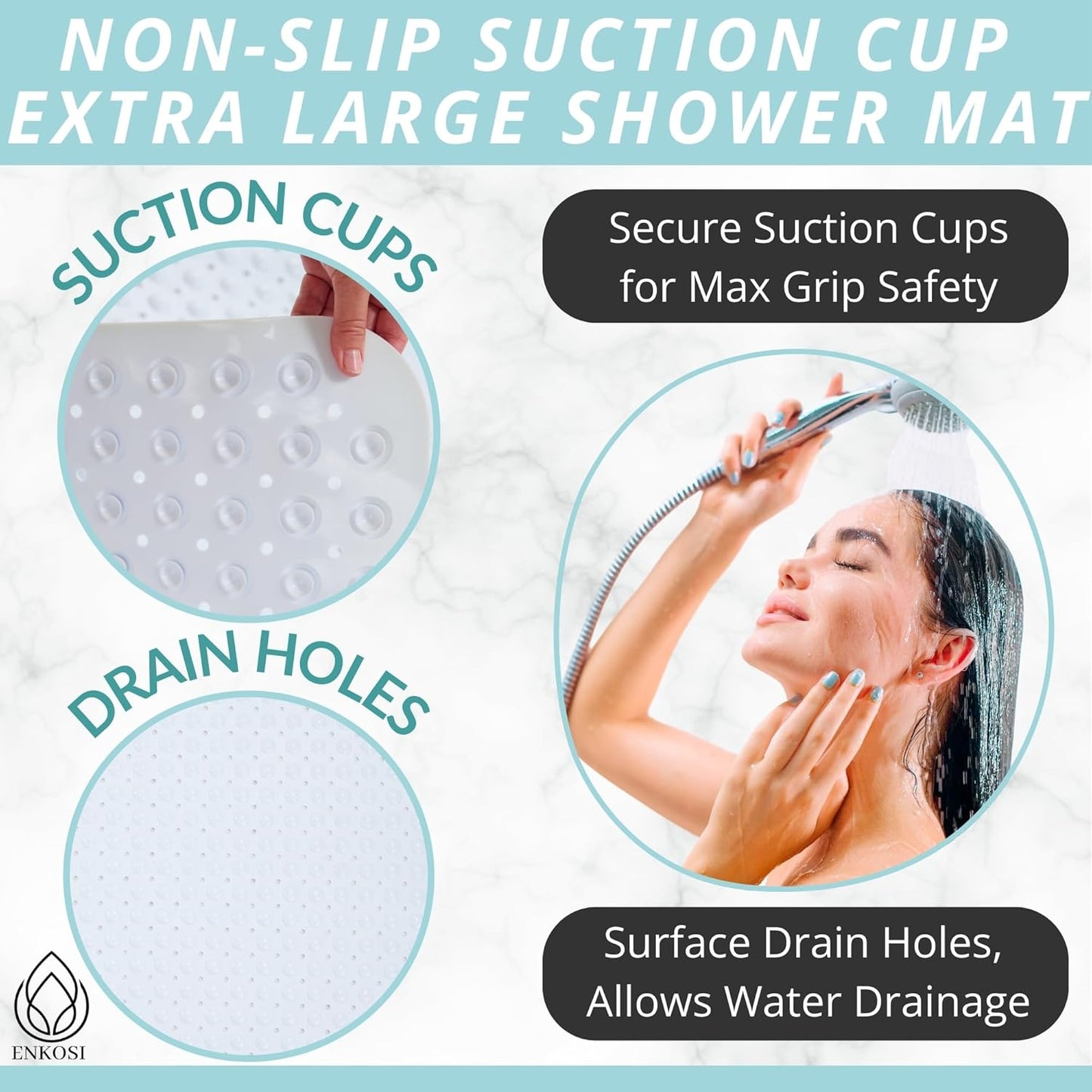 ENKOSI Extra Large Shower Mat Non Slip - 47 x 32 inch - XL Bathroom Shower Mat - Large Shower Matts for Shower Stall Floors - Secure Suction Cups and Drain Holes (47x32 White)