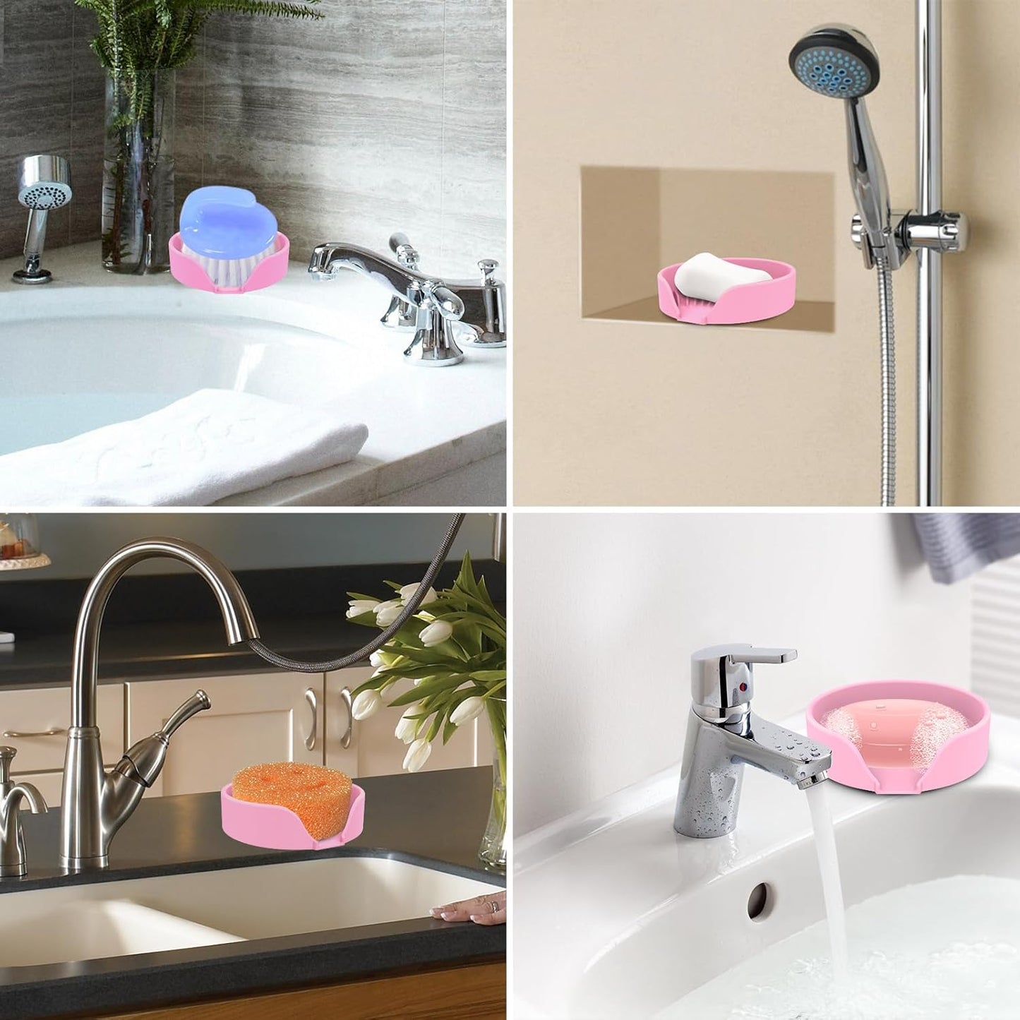 Self Draining Soap Dish, Silicone Suction Cup Soap Holder Tray Savers Container Sponge Holder for Bar Bathroom Shower Kitchen Sink, Can Extend Soap Life (1, Pink)