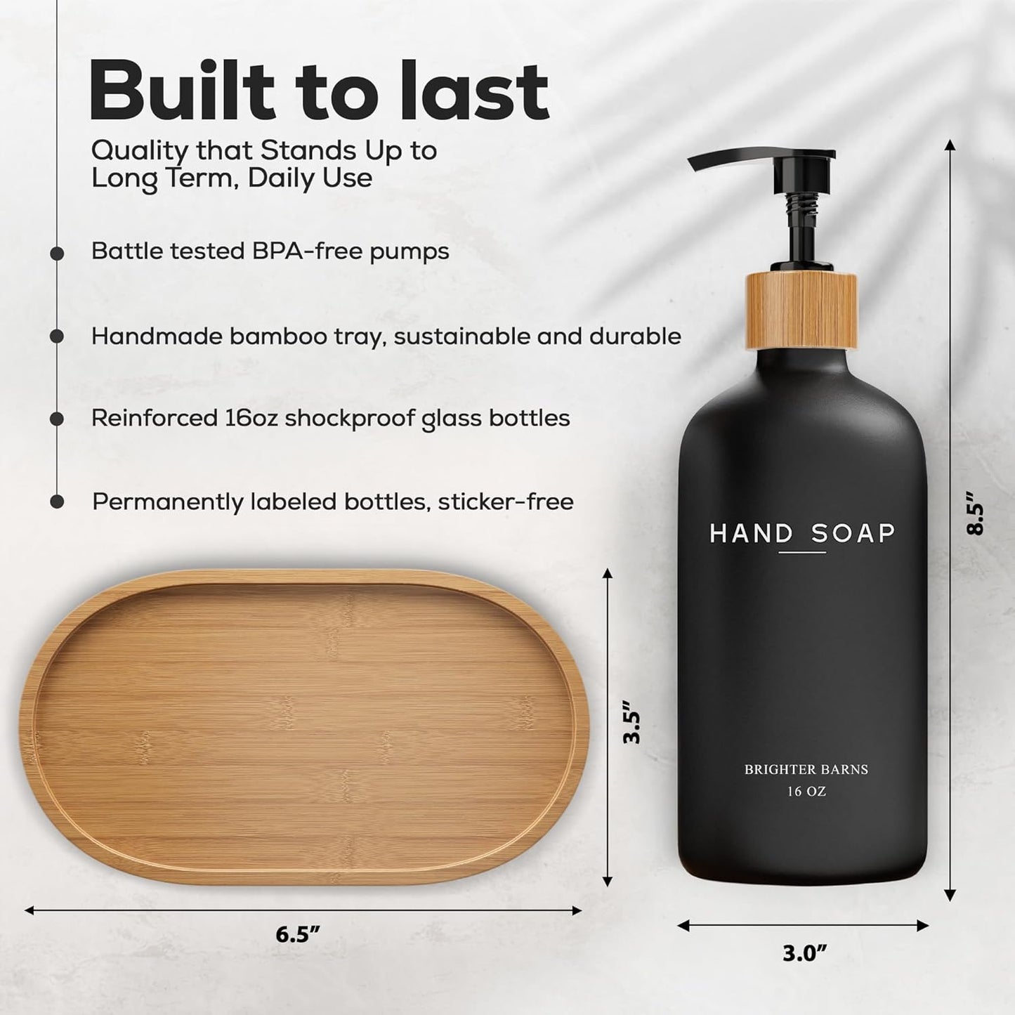 Black Glass Soap and Lotion Dispenser Set with Tray by Brighter Barns - Liquid Hand Soap Dispenser and Pump - Bamboo Bathroom Accessories & Modern Bathroom Decor (Black)