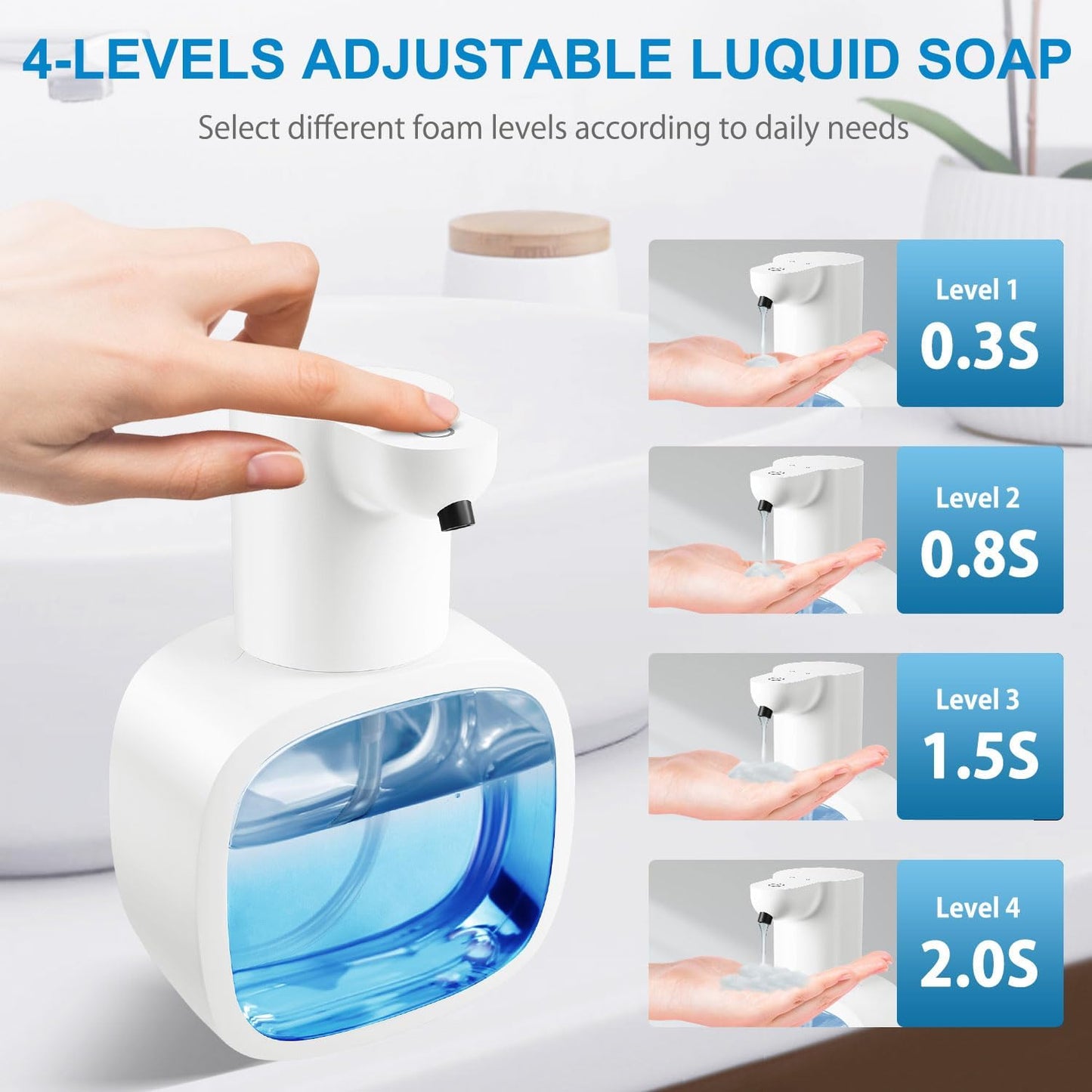 Automatic Liquid Soap Dispenser with 500ml /17oz Capacity, Touchless Soap Dispenser with 4 Level Adjustable, Rechargeable, Wall-Mounted, Waterproof for Kitchen, Bathroom, Hotel, Restaurant