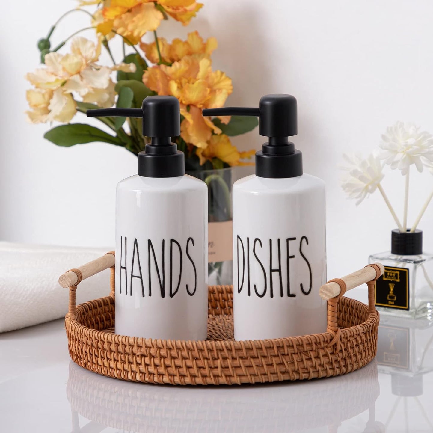 FE Dish Soap Dispenser for Kitchen, 10oz Ceramic Soap Dispenserr for Bathroom with Plastic Pump(Dishes)