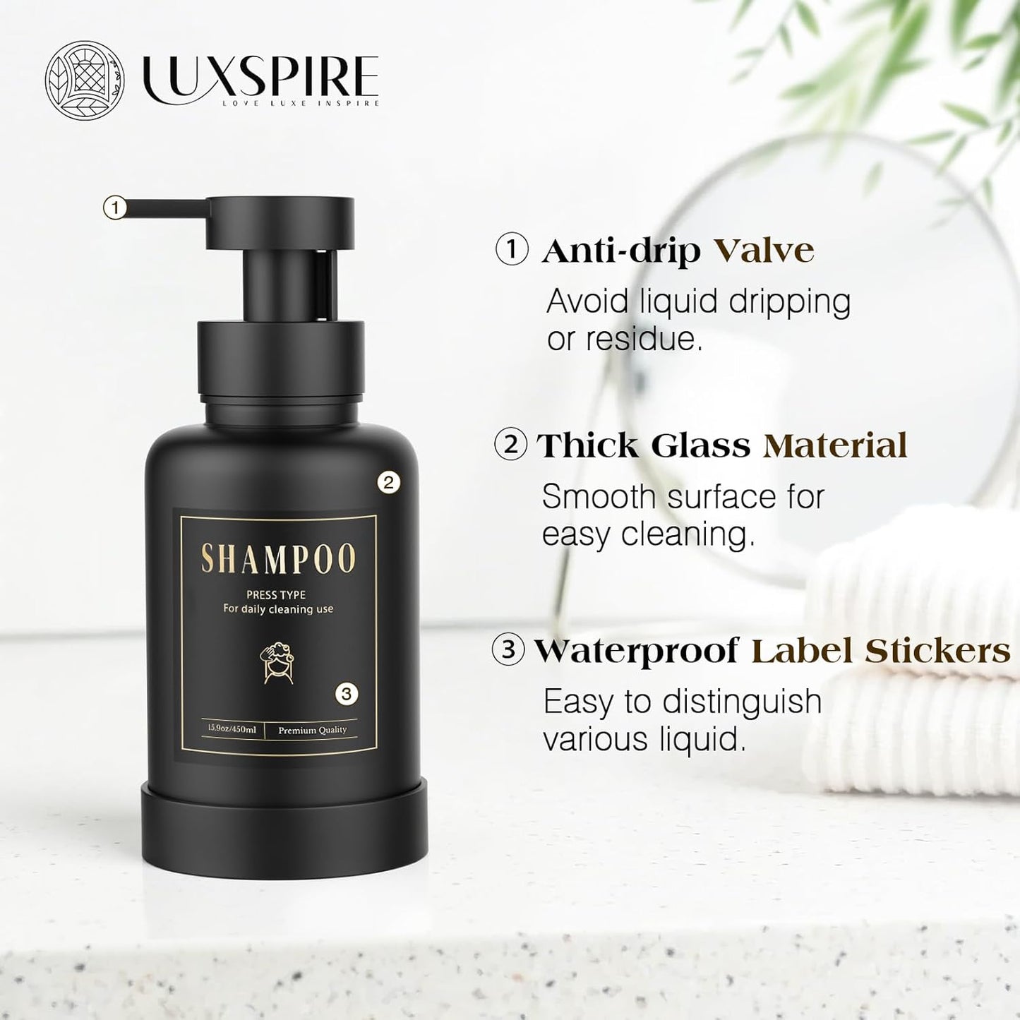 Luxspire Foaming Soap Dispenser, Glass Foam Pump Soap Dispenser, Non-Slip Silicone Sleeve & 5 Waterproof Labels, 15 Oz Refillable Liquid Bottle for Bathroom & Kitchen, Black+White, 2 Pack