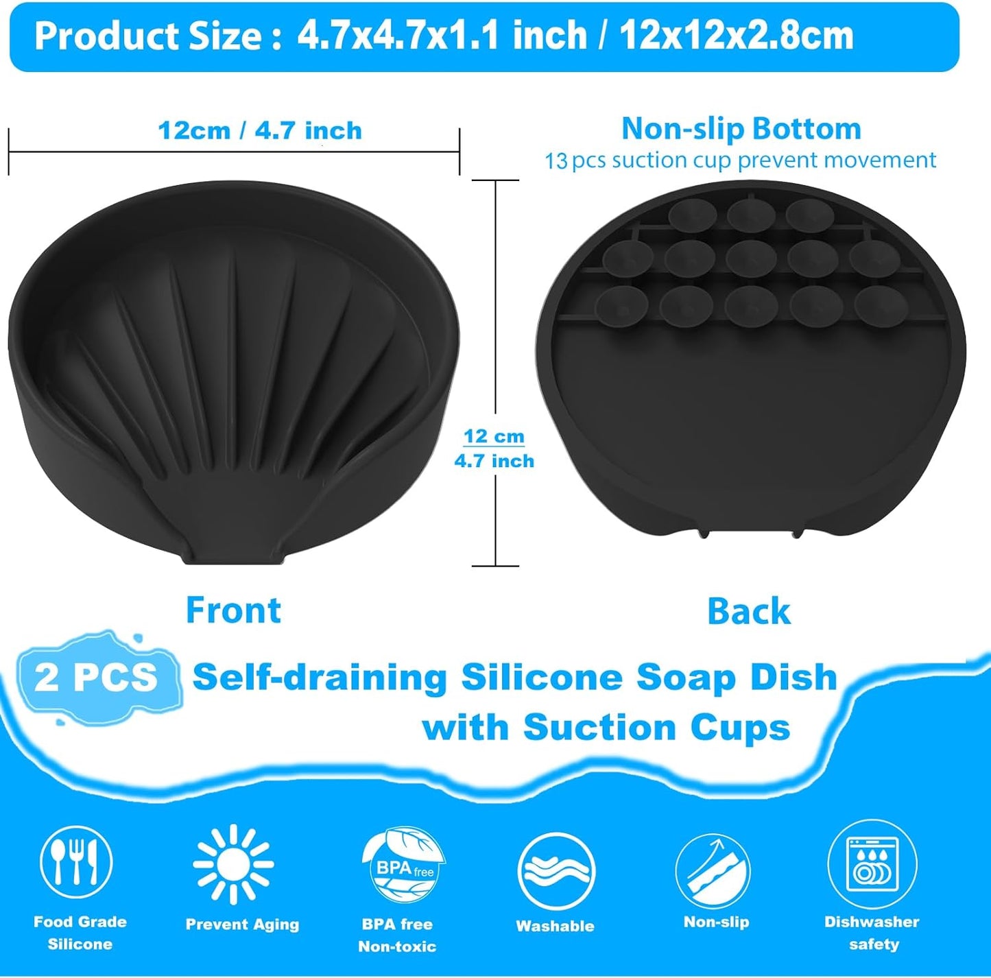 Self Draining Soap Dish, Silicone Suction Cup Soap Holder Tray Savers Container Sponge Holder for Bar Bathroom Shower Kitchen Sink, Can Extend Soap Life (1, Black)