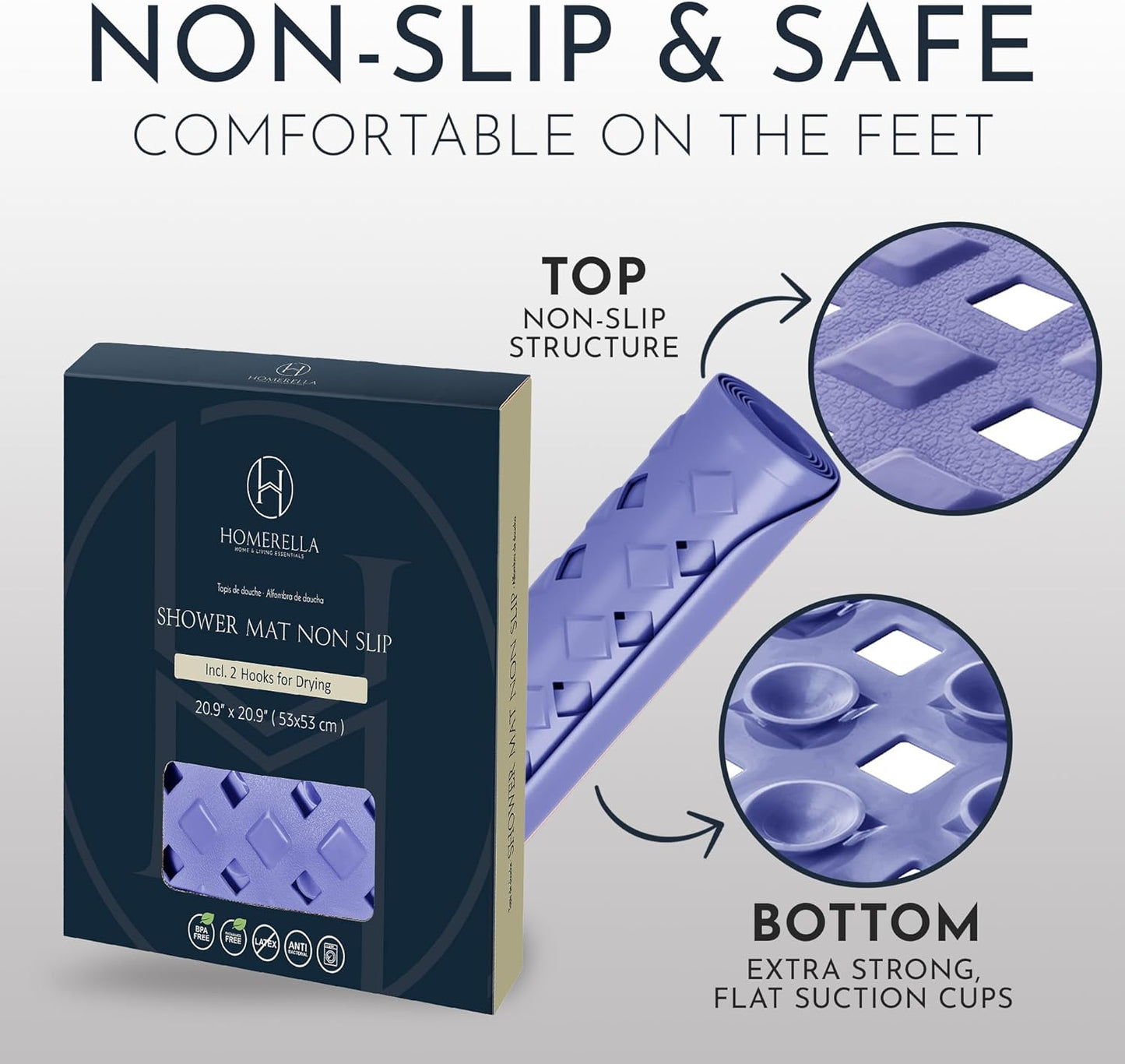 Homerella Anti Slip Shower Mat | Anti Mold Non Slip Bathtub Mat for Inside Shower | Square Floor Shower Mat 21 x 21 inch with Suction Cups for Grip & Hooks Hanging and Quick Drying | Machine Washable