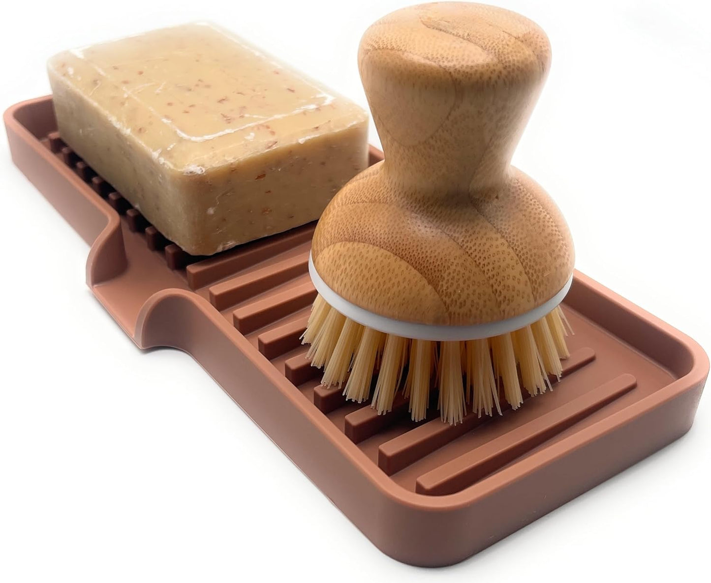 Happitasa Silicone Soap Dish Tray and Sponge Holder with Drain Chute | Bathroom and Kitchen Sink Organizer Caddy (Mocha, 9"x3.5", 5.6 Ounces)