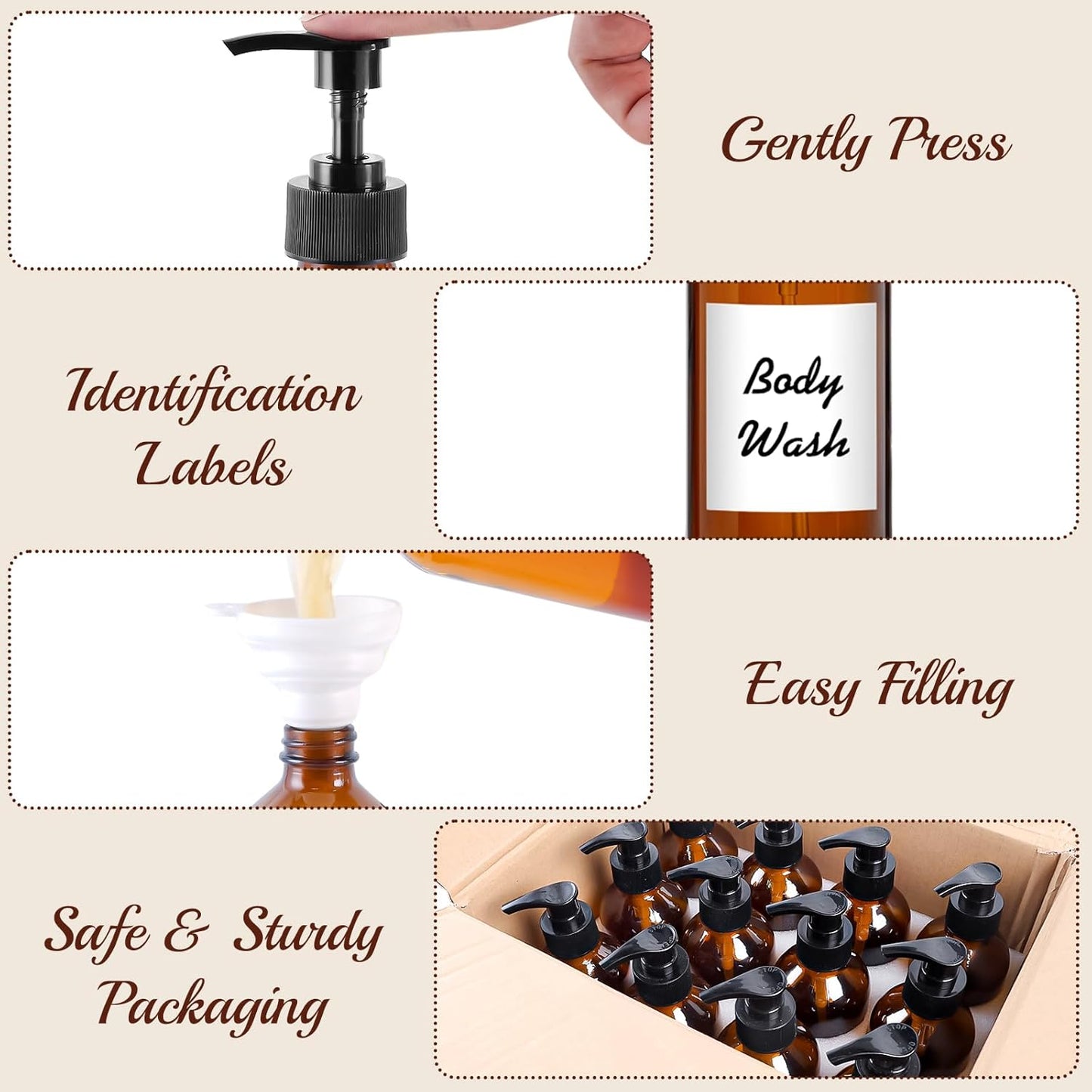 12 Pack Amber Glass Bottles 8oz with Pump Dispensers, Refillable Empty Pump Bottles for Bathroom, Kitchen, Shampoo, Soap, Lotion – Includes 2 Funnels & 12 Labels