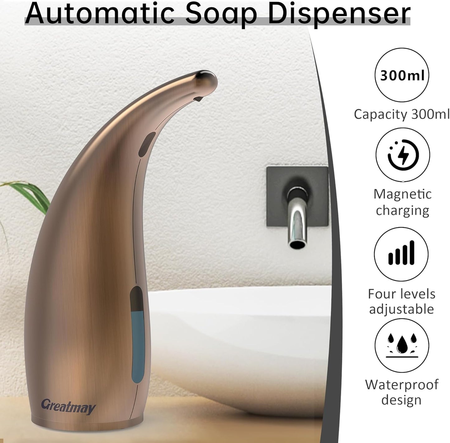 Adjustable Automatic Soap Dispenser Touchless, 4 Adjustable Levels Touchless Sensor Liquid Soap Pump Dispenser，300ml Rechargeable Magnetic Charging Hand Soap Dispenser for Kitchen，Bathroom
