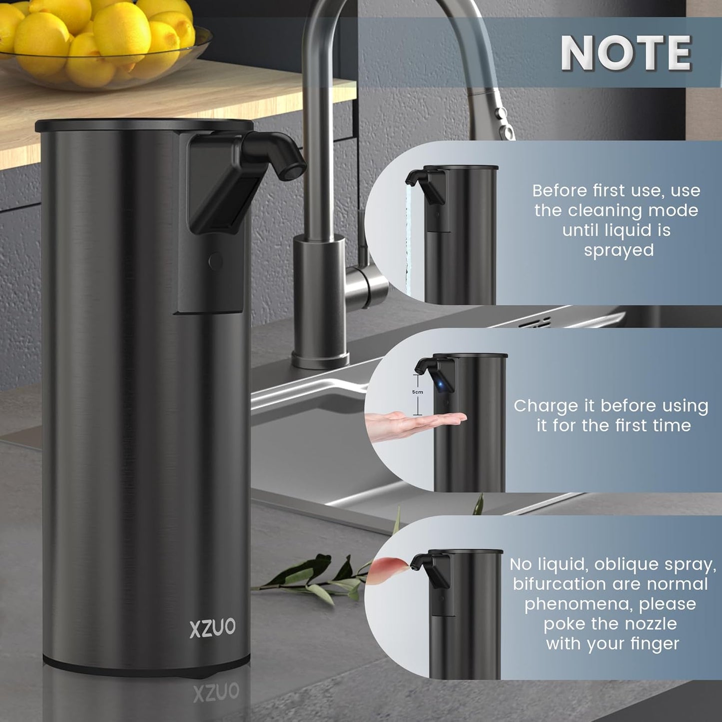 Automatic Soap Dispenser Touchless 11.8oz/350ml Four-Level Adjustable Dispenser Volume，Stainless Steel Material,Battery Powered for Wide Compatibility in Kitchen, Bathroom, Hotel & Office(Black)