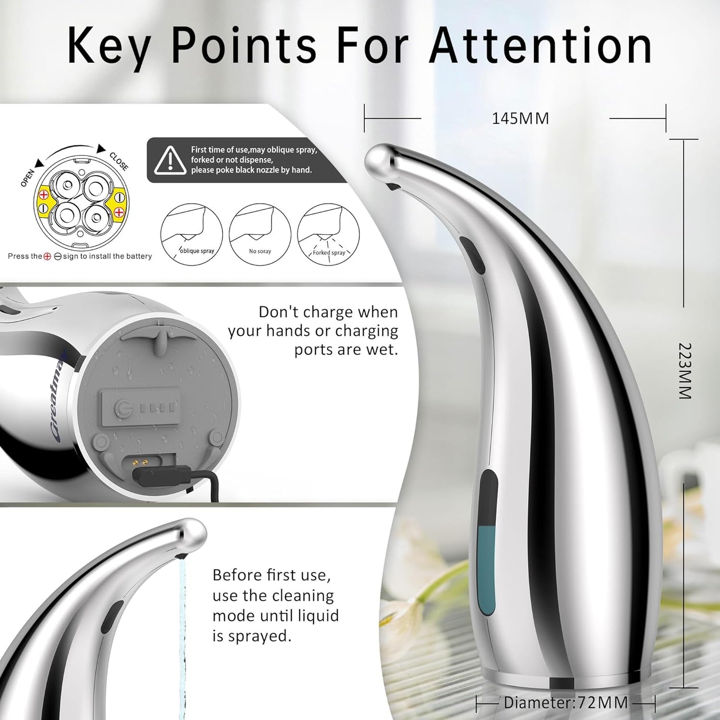 Adjustable Automatic Soap Dispenser Touchless, 4 Adjustable Levels Touchless Sensor Liquid Soap Pump Dispenser，300ml Rechargeable Magnetic Charging Hand Soap Dispenser for Kitchen，Bathroom