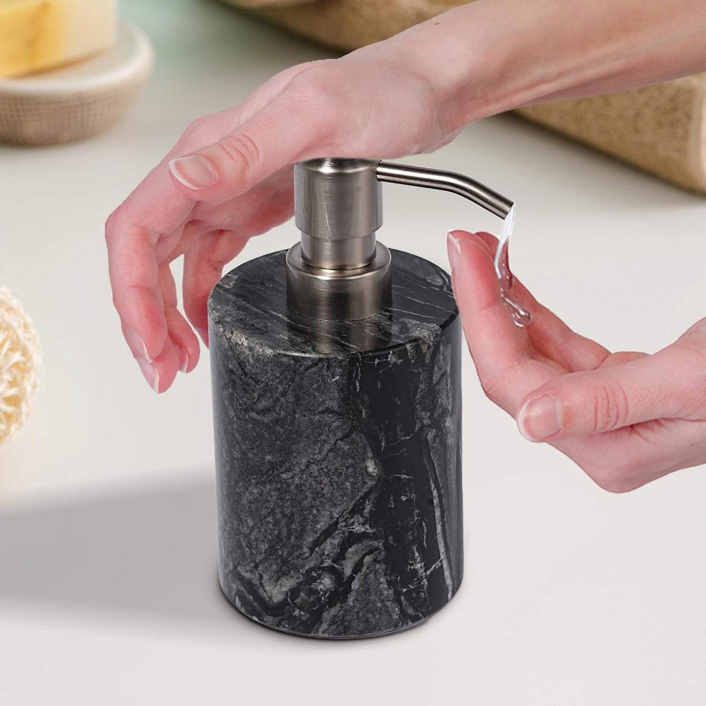 Marble Soap Dispenser with Stainless Steel Pump, Black Hand Liquid Soap Dispenser, 6 Ounces for Bathroom