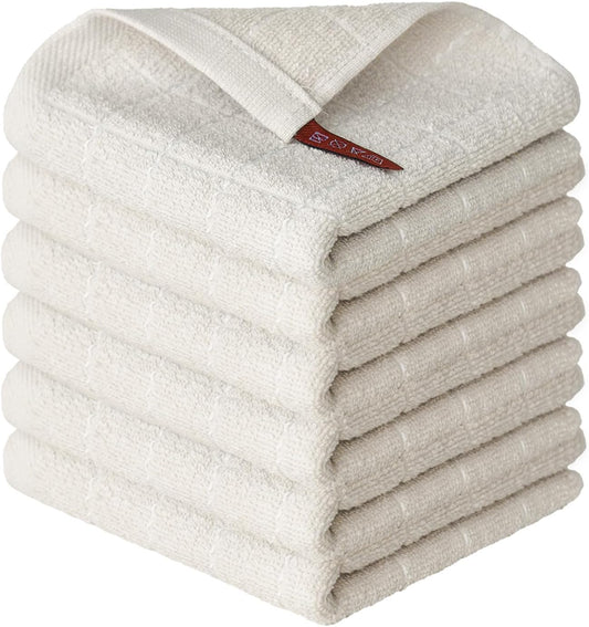 Artoid Mode Checkered Designed Cotton Beige Terry Kitchen Dish Cloths, 12x12 Inch Soft Absorbent Quick Drying Cleaning Kitchen Rags Set of 6