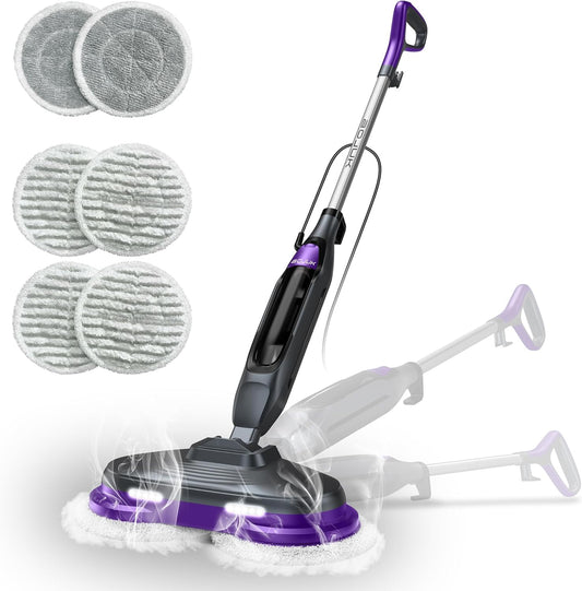 Scrub & Steam Mop with Rotating Mop Pads, LED Headlights, 6 Scrub Pads, Large Tank, Swivel Steering, Effortless Scrubbing Hard Floor Cleaner Upgraded
