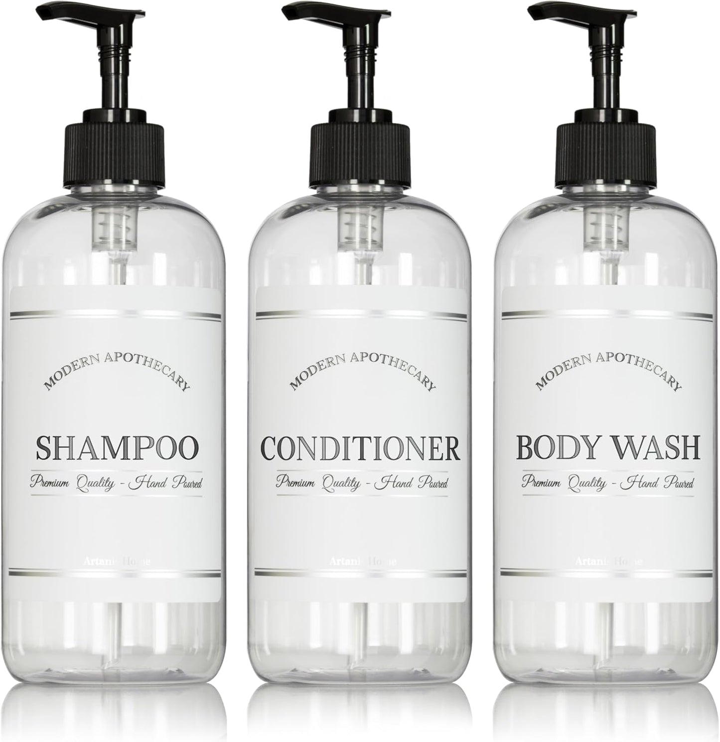 Clear Refillable Shampoo and Conditioner Bottles - Body Wash, Shampoo and Conditioner Dispenser - PET Plastic Shampoo Bottles Refillable with Pump - Waterproof Labels - 16 oz, 3 Pack (Black Plastic)