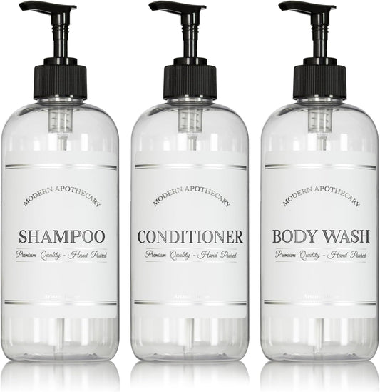 Clear Refillable Shampoo and Conditioner Bottles - Body Wash, Shampoo and Conditioner Dispenser - PET Plastic Shampoo Bottles Refillable with Pump - Waterproof Labels - 16 oz, 3 Pack (Black Plastic)