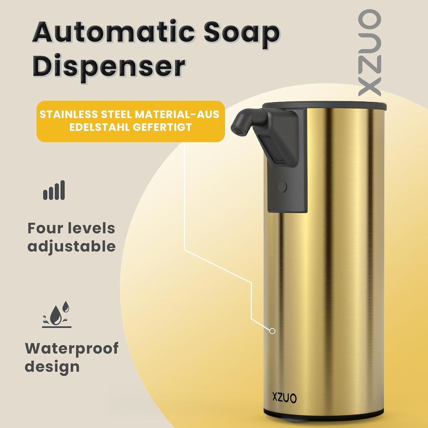 Automatic Soap Dispenser Touchless 11.8oz/350ml Four-Level Adjustable Dispenser Volume，Stainless Steel Material,Battery Powered for Wide Compatibility in Kitchen, Bathroom, Hotel & Office (Gold)