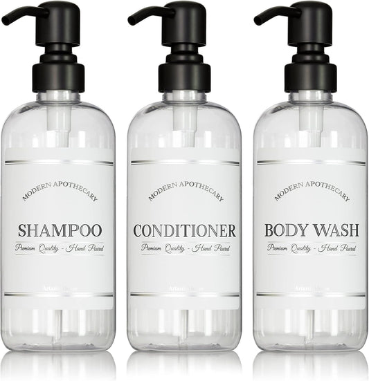 Clear Refillable Shampoo and Conditioner Bottles - Body Wash, Shampoo and Conditioner Dispenser - PET Plastic Shampoo Bottles Refillable with Pump - Waterproof Labels - 16 oz, 3 Pack (Black Satin)