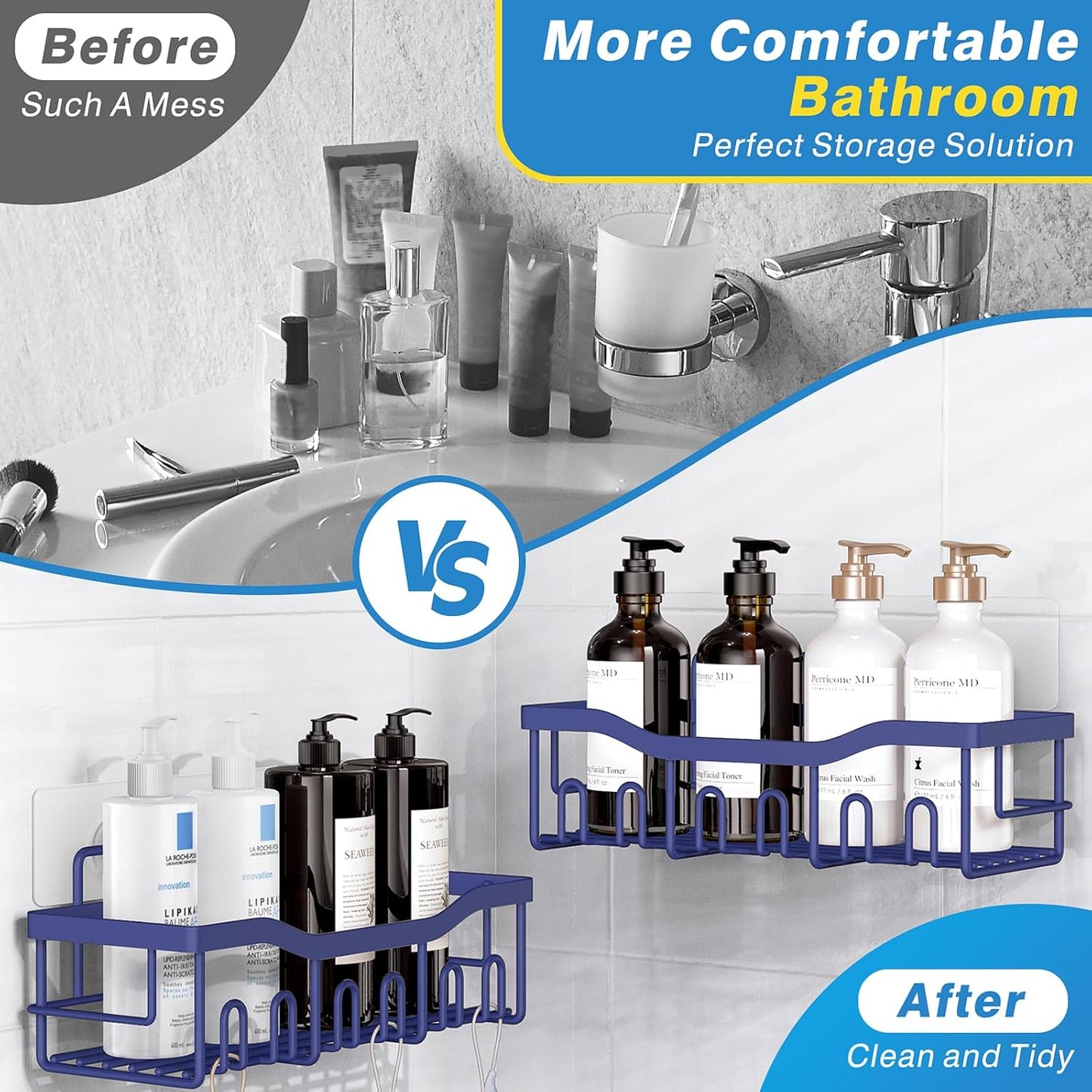 EUDELE 5-Pack Rustproof Stainless Steel Shower Caddy – No Drill Adhesive Bathroom Organizer with Large Capacity, Spacious Shower Shelves for Inside Shower, Kitchen & Home Decor Storage-XL Size