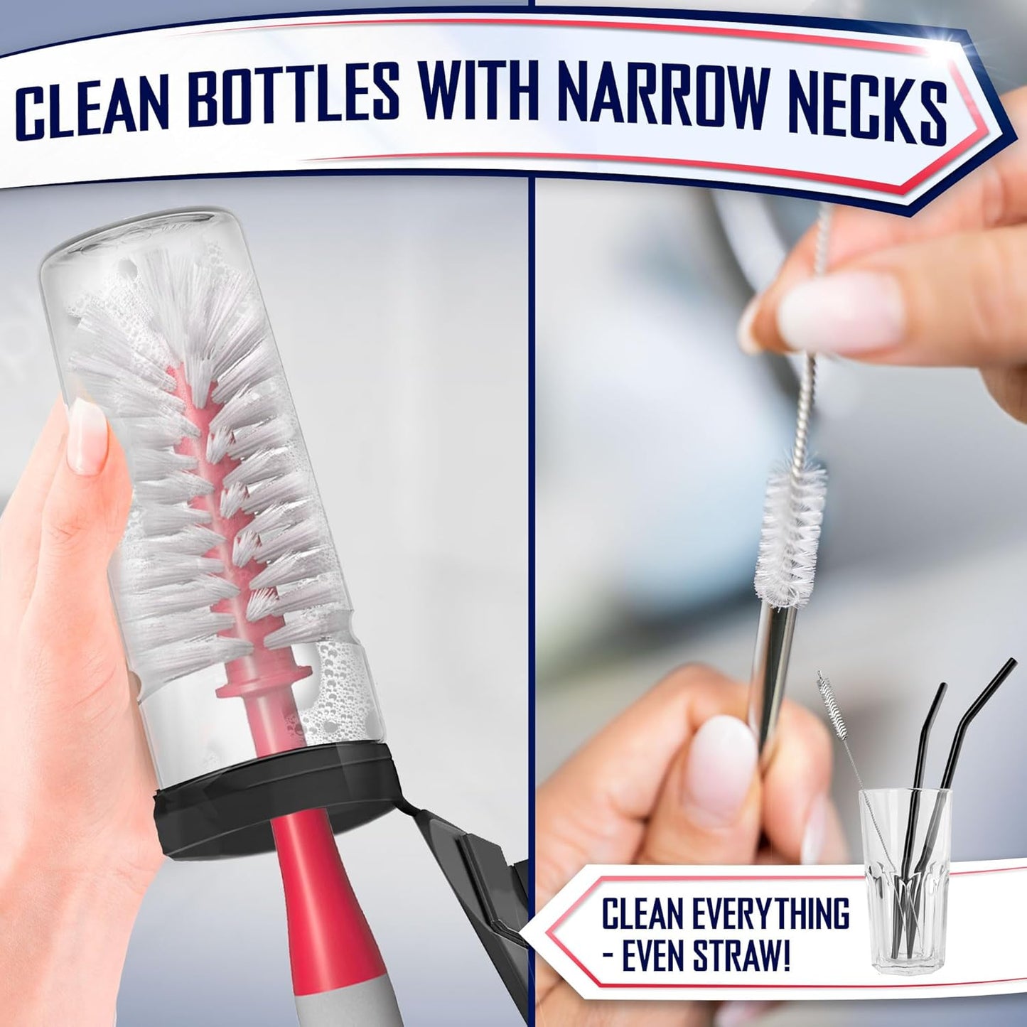 Dish Brush Set of 4 - Kitchen Scrub Brushes with Non-Slip Long Handle for Cleaning, Scrubber, Dishwashing, Dishes, Bottles, Straws, Cups, Pots & Sink, Red