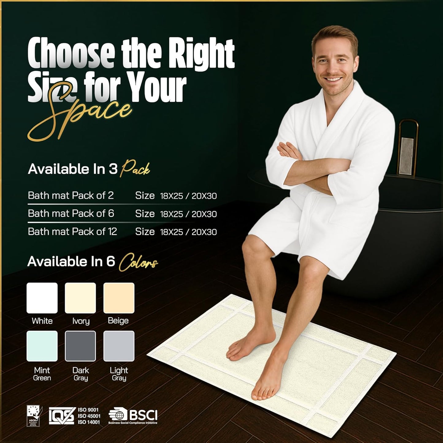 Pearl Linens Pack of 2 100% Cotton Bathmat 20x30 inches, Soft & Absorbent Quick Dry Bathroom Mat Set, Not Bathroom Rugs, After Shower Mat, Bath Tubmat, 687 GSM, Machine Washable, Ivory