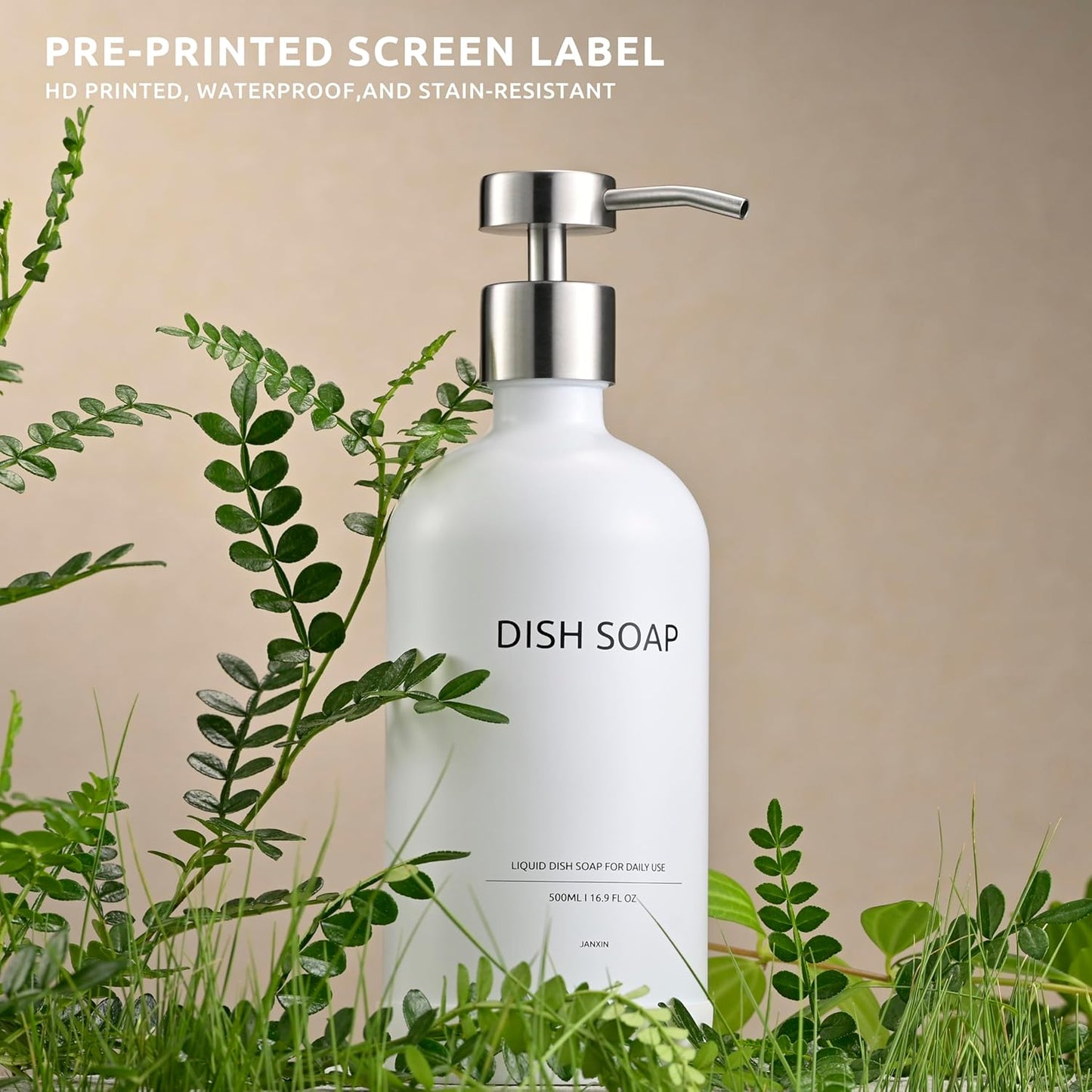 Glass Soap Dispenser Set by Janxin,Bathroom Soap Dispenser Set with Ceramic Tray,Luxury Bathroom Accessories,Modern Kitchen Decor (White+Silver(Dish Soap))