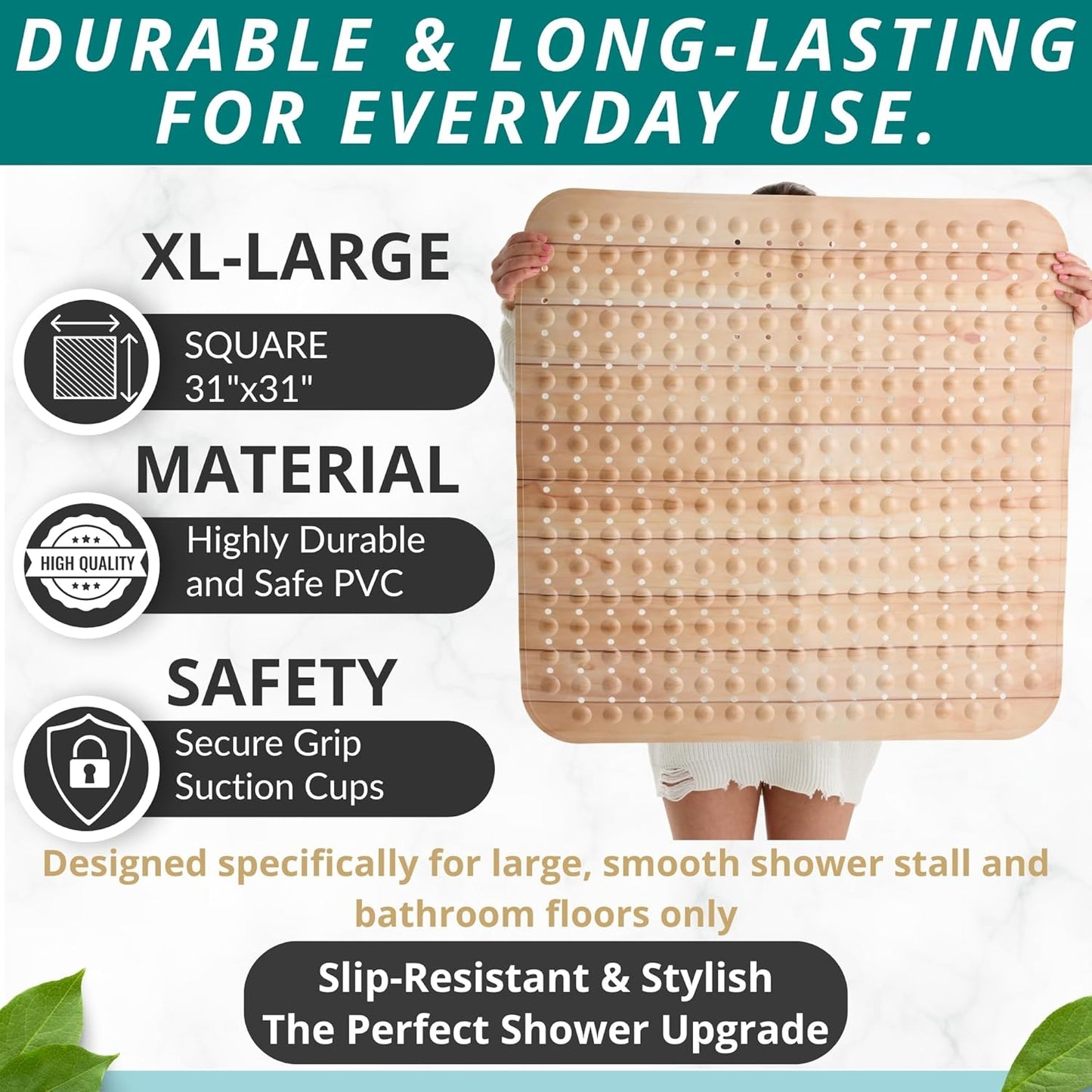 ENKOSI Extra Large Square Non Slip Shower Mat - 31 x 31-inch XL Bathroom Shower Mat - Square Shower Mats for Shower Stall Floors - Secure Suction Cups and Drain Holes (31x31 Wood Teak)