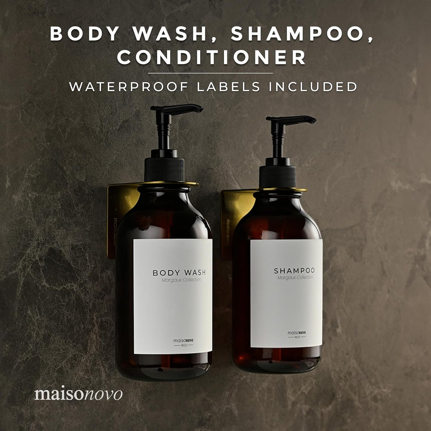 MaisoNovo Shampoo and Conditioner Dispenser - Shower Soap Dispenser Wall Mounted - 16.9 fl oz Set of 2 Amber Plastic Bottles Black Pump - 2 Chamber No Drill