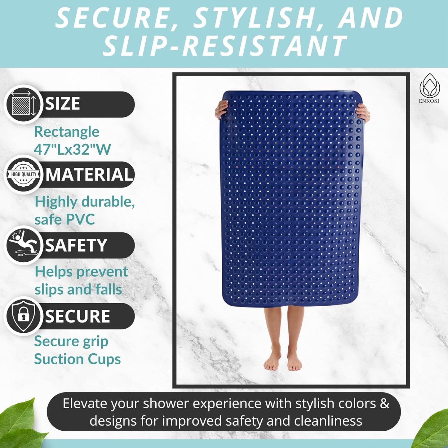 ENKOSI Extra Large Shower Mat Non Slip - 47 x 32 inch - XL Bathroom Shower Mat - Large Shower Matts for Shower Stall Floors - Secure Suction Cups and Drain Holes (47x32 Navy Blue)