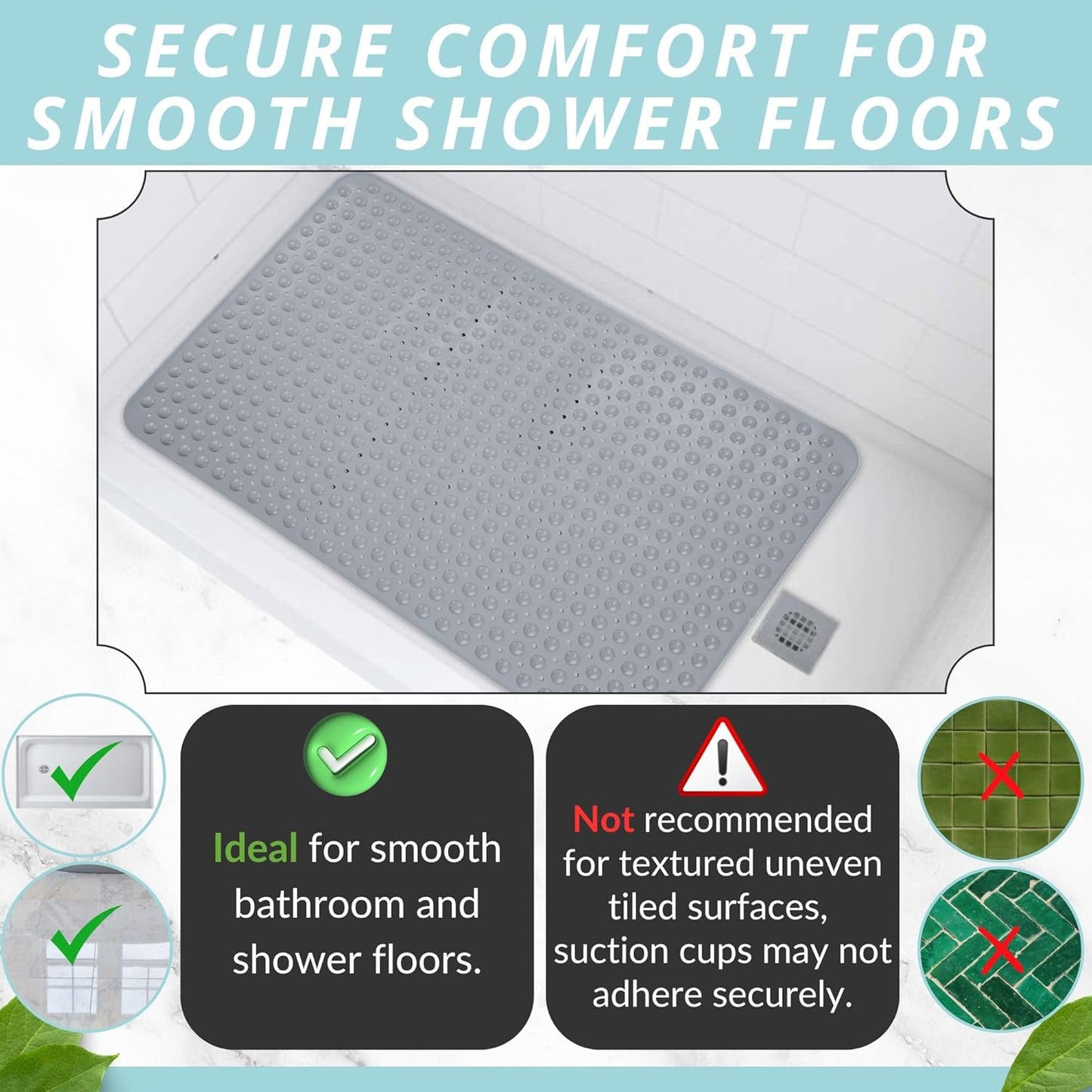ENKOSI Extra Large Shower Mat Non Slip - 47 x 32 inch - XL Bathroom Shower Mat - Large Shower Matts for Shower Stall Floors - Secure Suction Cups and Drain Holes (47x32 Grey)