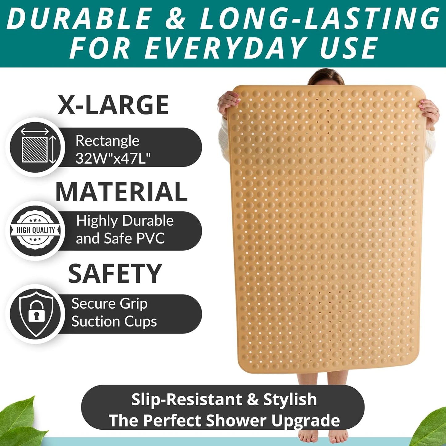 ENKOSI Extra Large Shower Mat Non Slip - 47 x 32 inch - XL Bathroom Shower Mat - Large Shower Mats for Shower Stall Floors - Secure Suction Cups and Drain Holes (47x32 Beige Opaque)