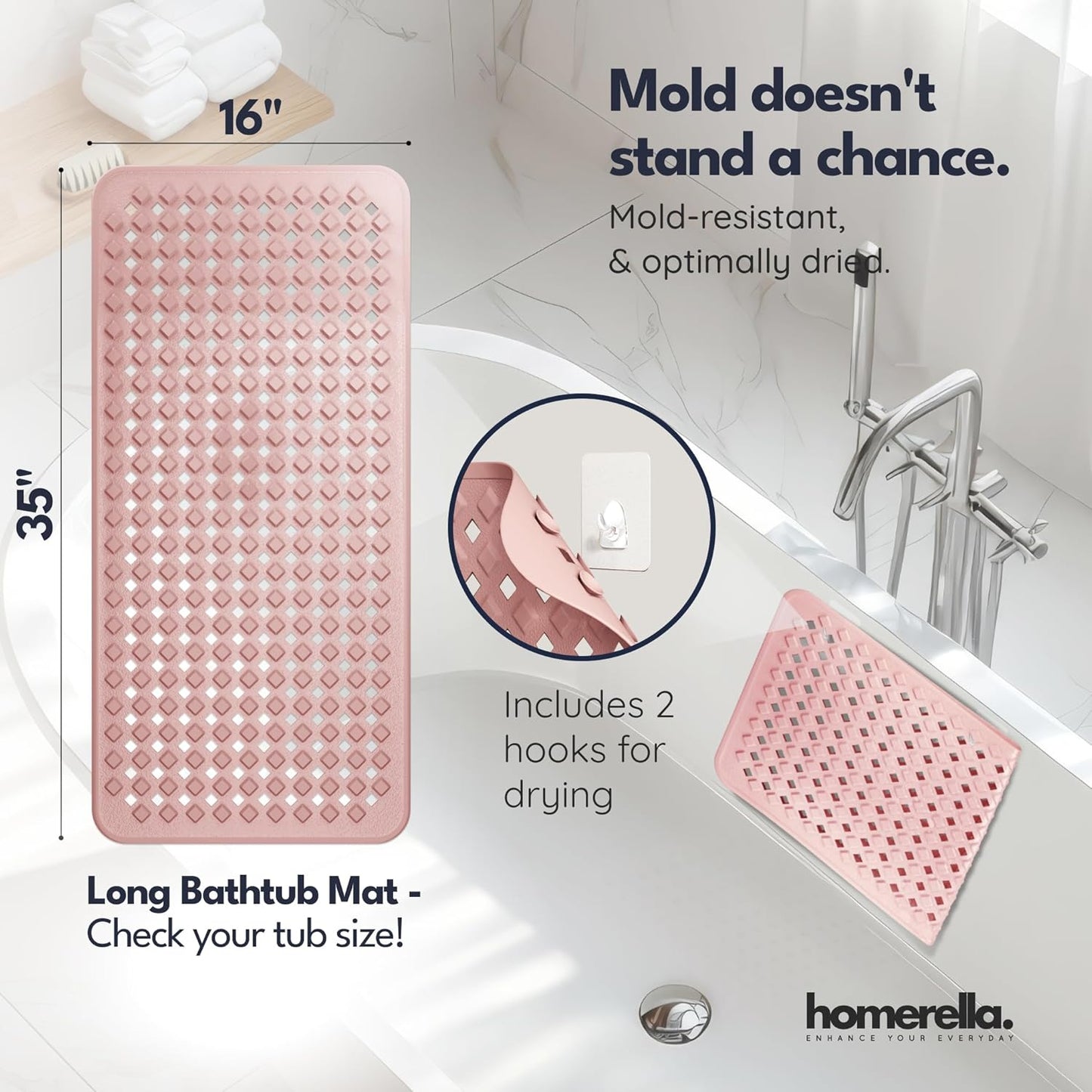 homerella® Bathtub Mat Non Slip 35x16, Incl. Hooks for Drying, Extra Long, 100% BPA Free, Shower Mat Non Slip Anti Mold, Machine Washable, Shower Mats for Inside Shower Mildew Resistant
