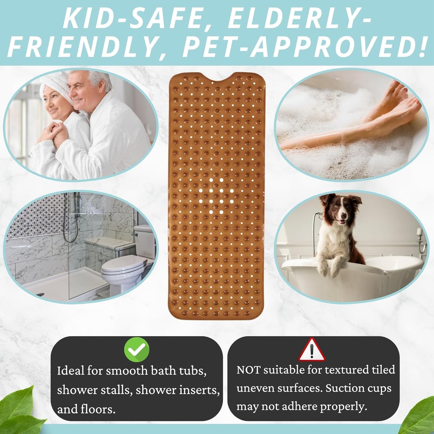 ENKOSI Bath Mat - Large Non Slip Bathtub & Shower Mat - Extra Long 40 x 16 Inch Bathroom Mats for Tub Nonslip Anti Slip Bathmats (40x16 Clear Brown 1-Pack)