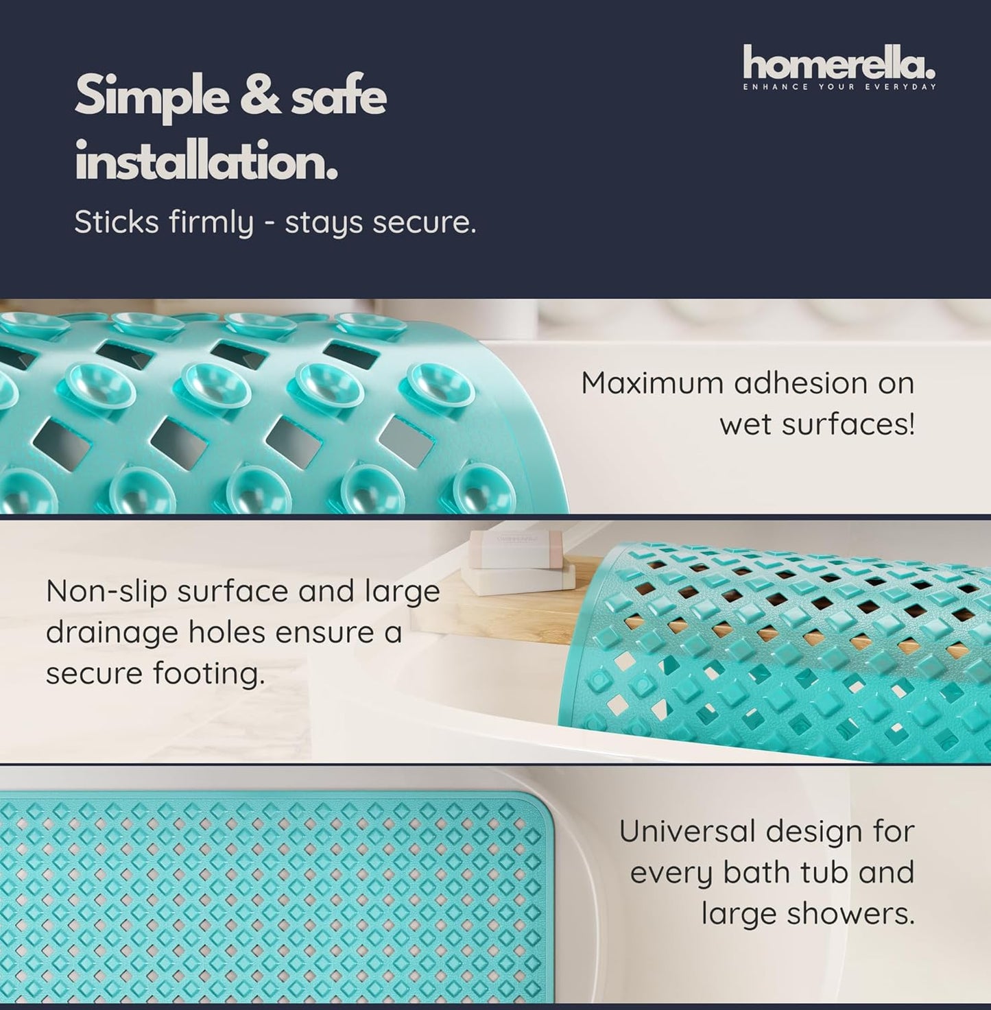 homerella® Bathtub Mat Non Slip 35x16, Incl. Hooks for Drying, Extra Long, 100% BPA Free, Shower Mat Non Slip Anti Mold, Machine Washable, Shower Mats for Inside Shower Mildew Resistant